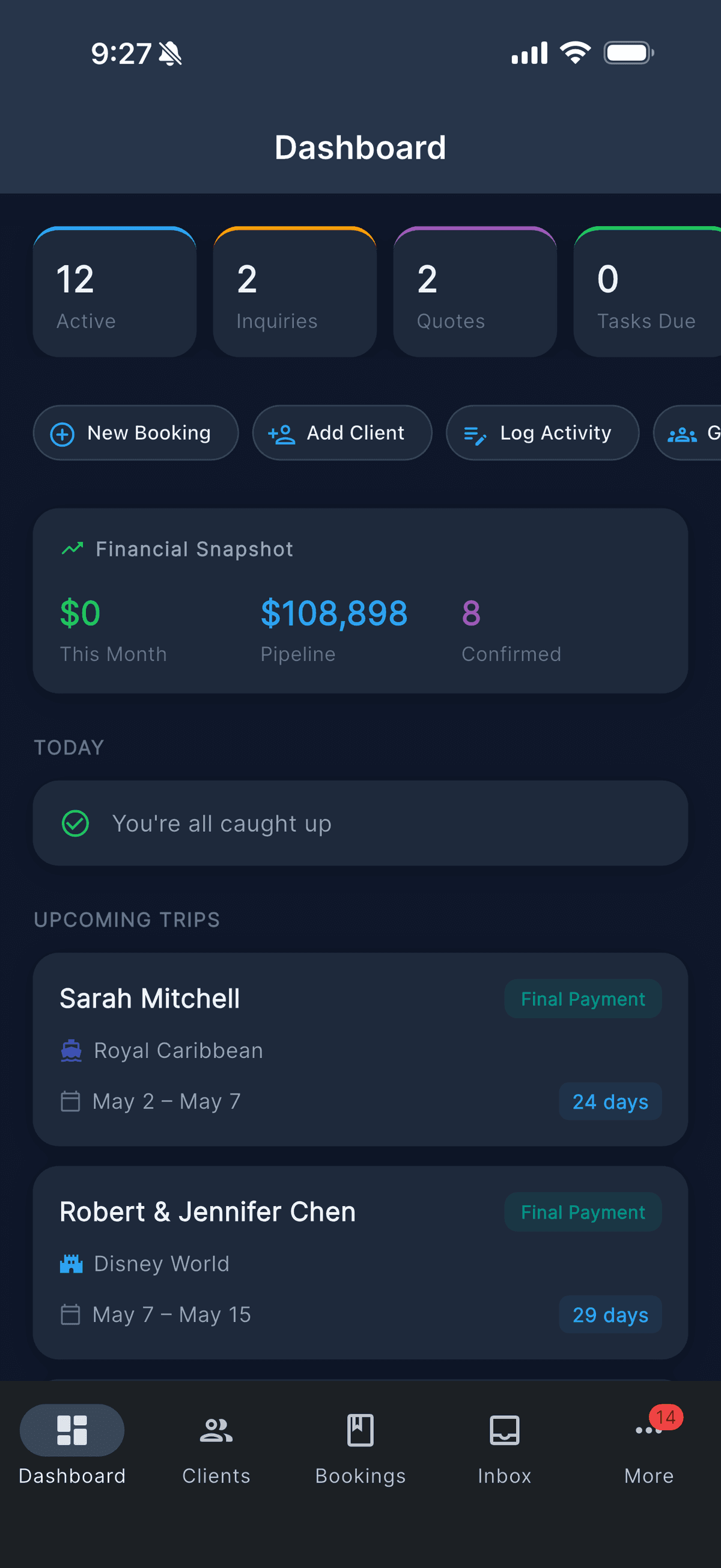 Agent dashboard showing active bookings, financial snapshot, and upcoming trips