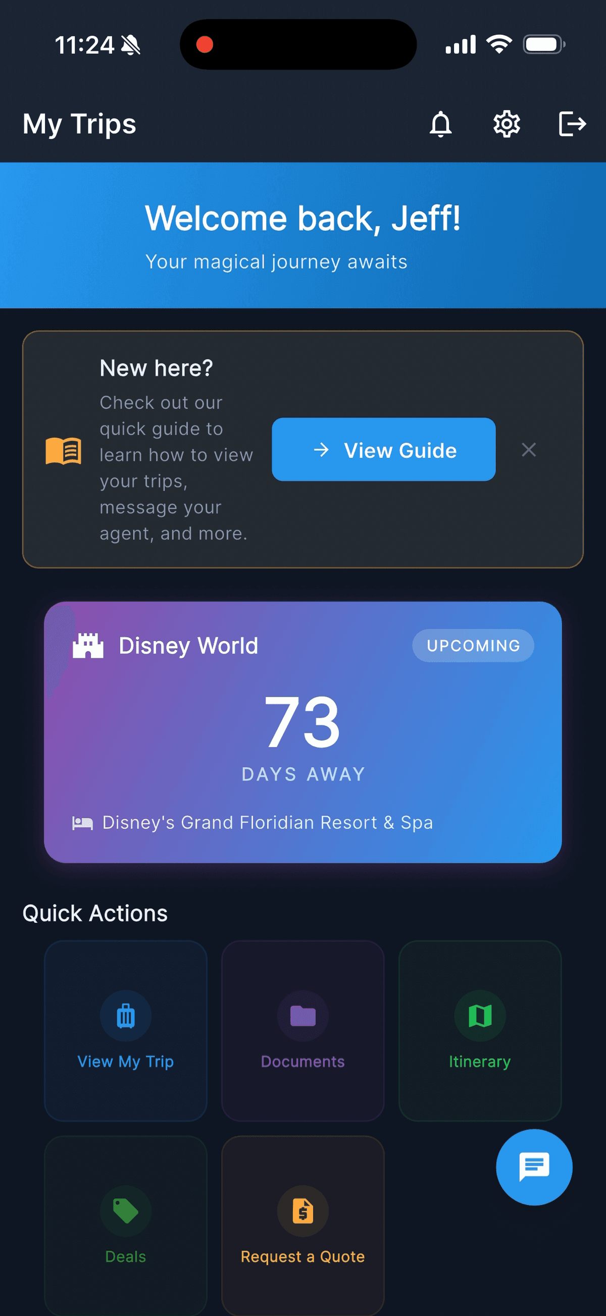 Client app showing 73 days until Disney World trip at Grand Floridian Resort