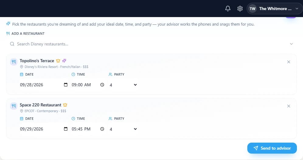 The client dining page on the web showing requests for Topolino's Terrace and Space 220 with dates, times and party sizes, above a Send to advisor button