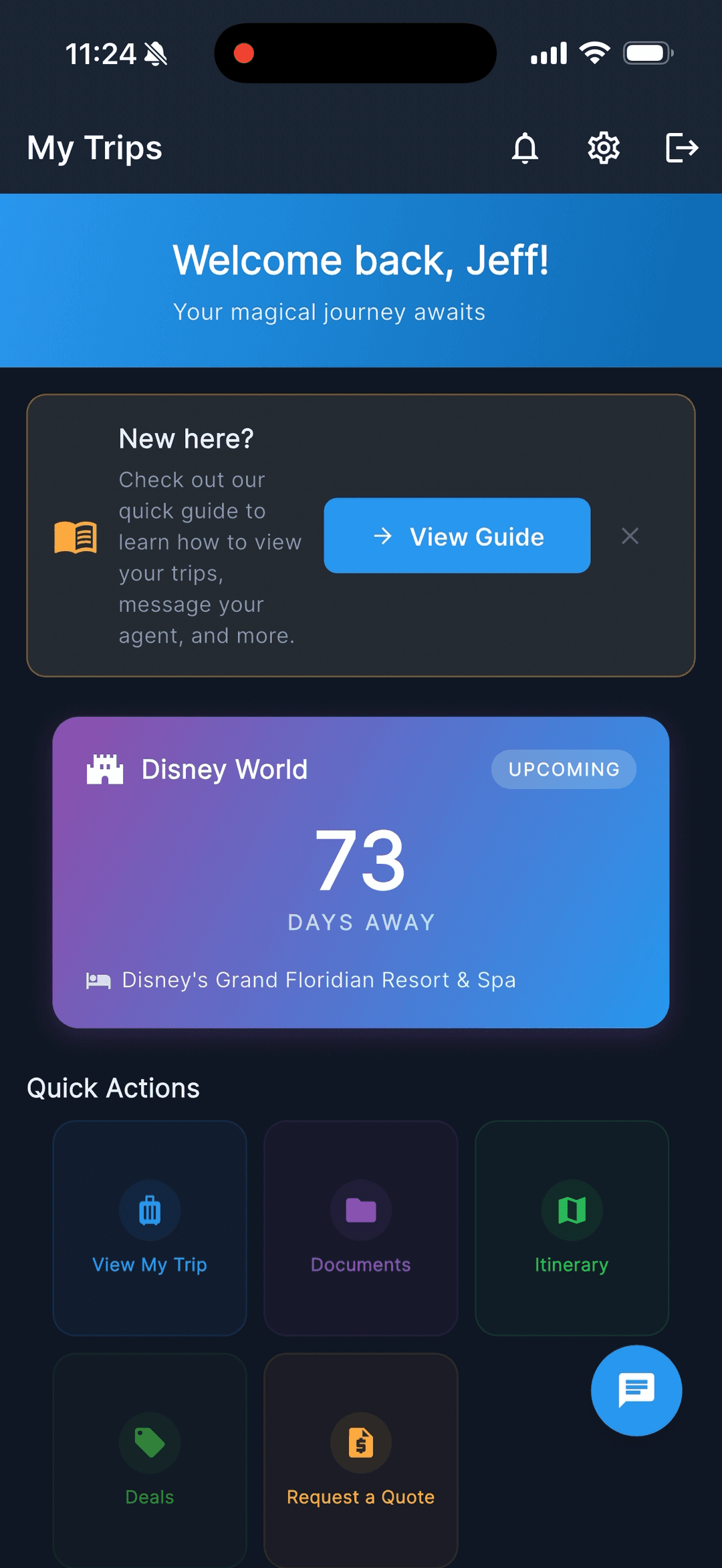 Client trip app showing countdown to upcoming Disney World vacation