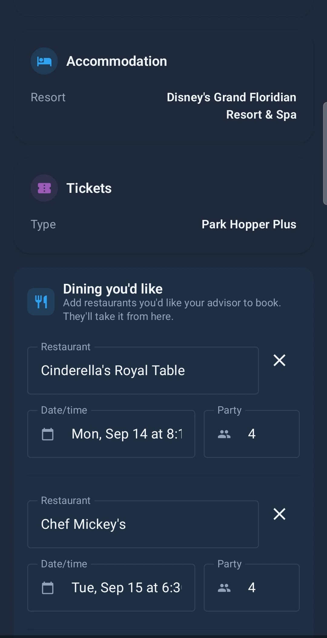 The client trip app showing a Dining you'd like card with Cinderella's Royal Table on Mon Sep 14 and Chef Mickey's on Tue Sep 15, each with a party of 4
