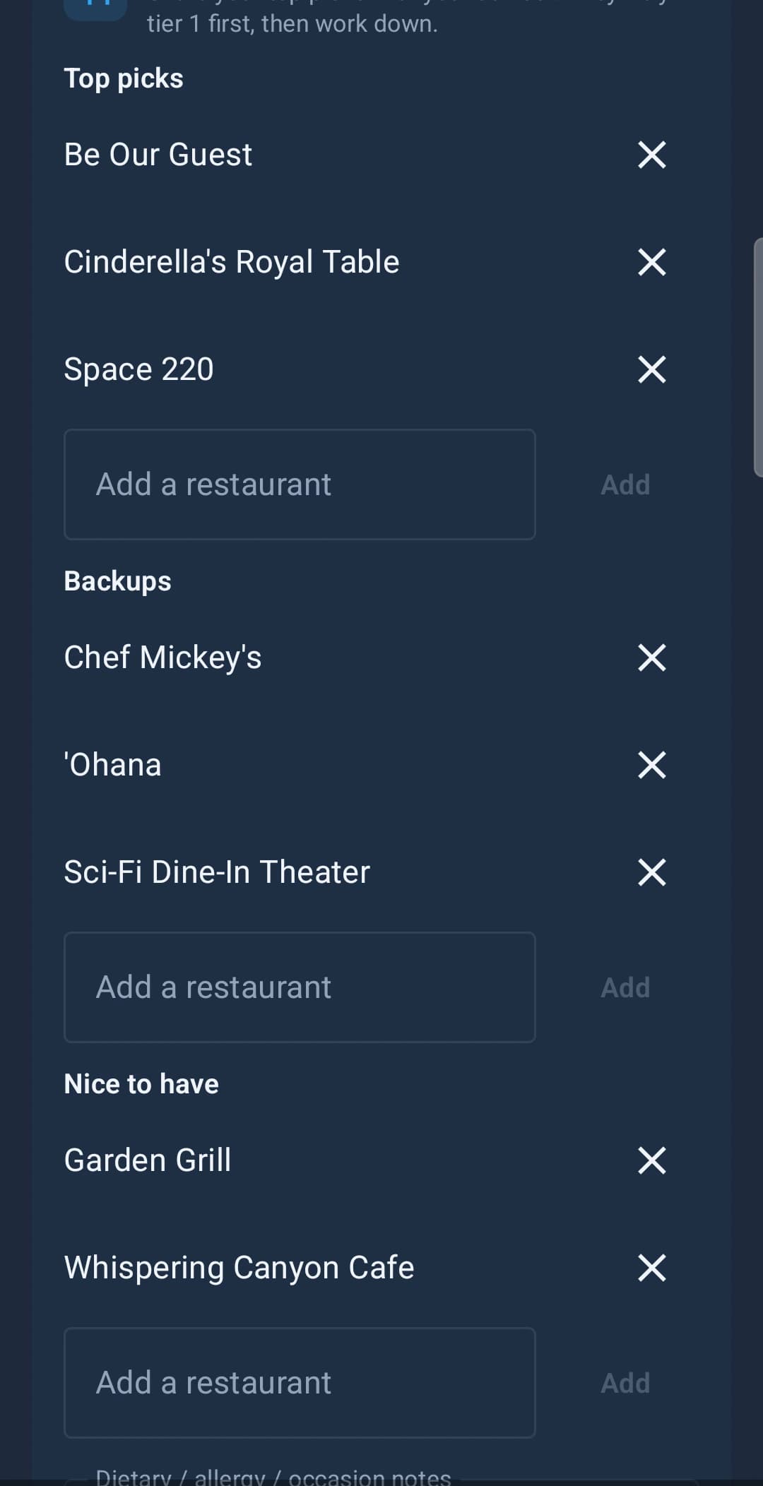 The client app's restaurant wishlist split into Top picks, Backups and Nice to have tiers