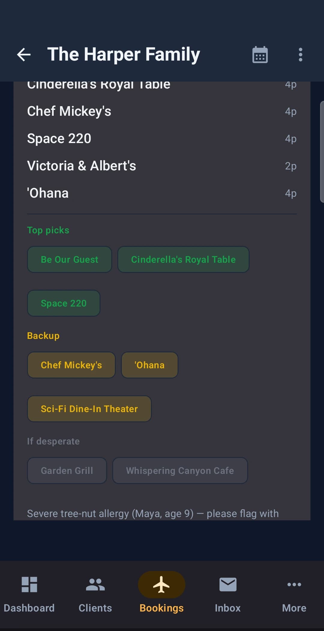 The agent app showing the Harper family's dining wishlist ranked into tiers with the party sizes beside each restaurant