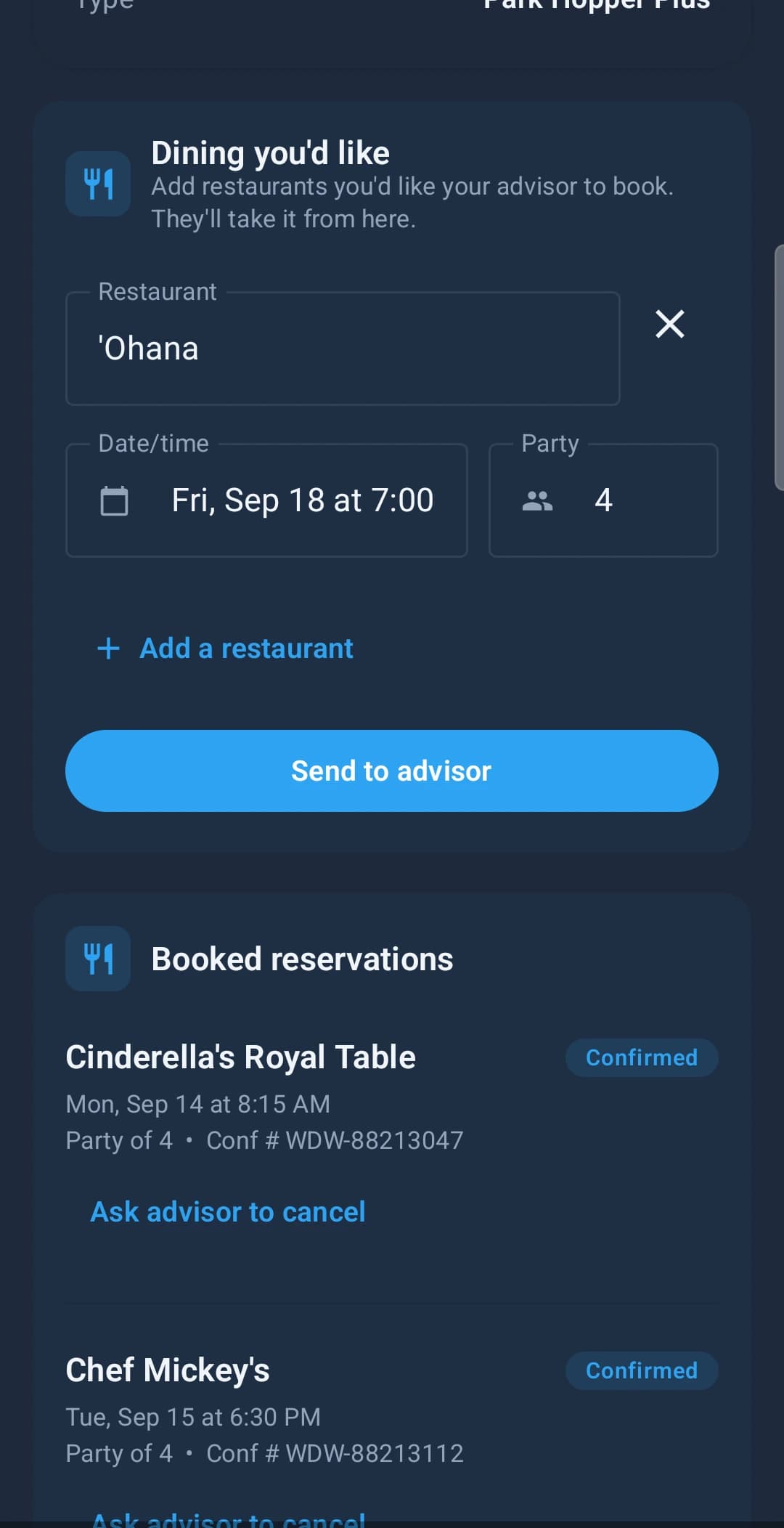 The client trip app showing booked reservations with confirmed status, dates, party sizes and confirmation numbers