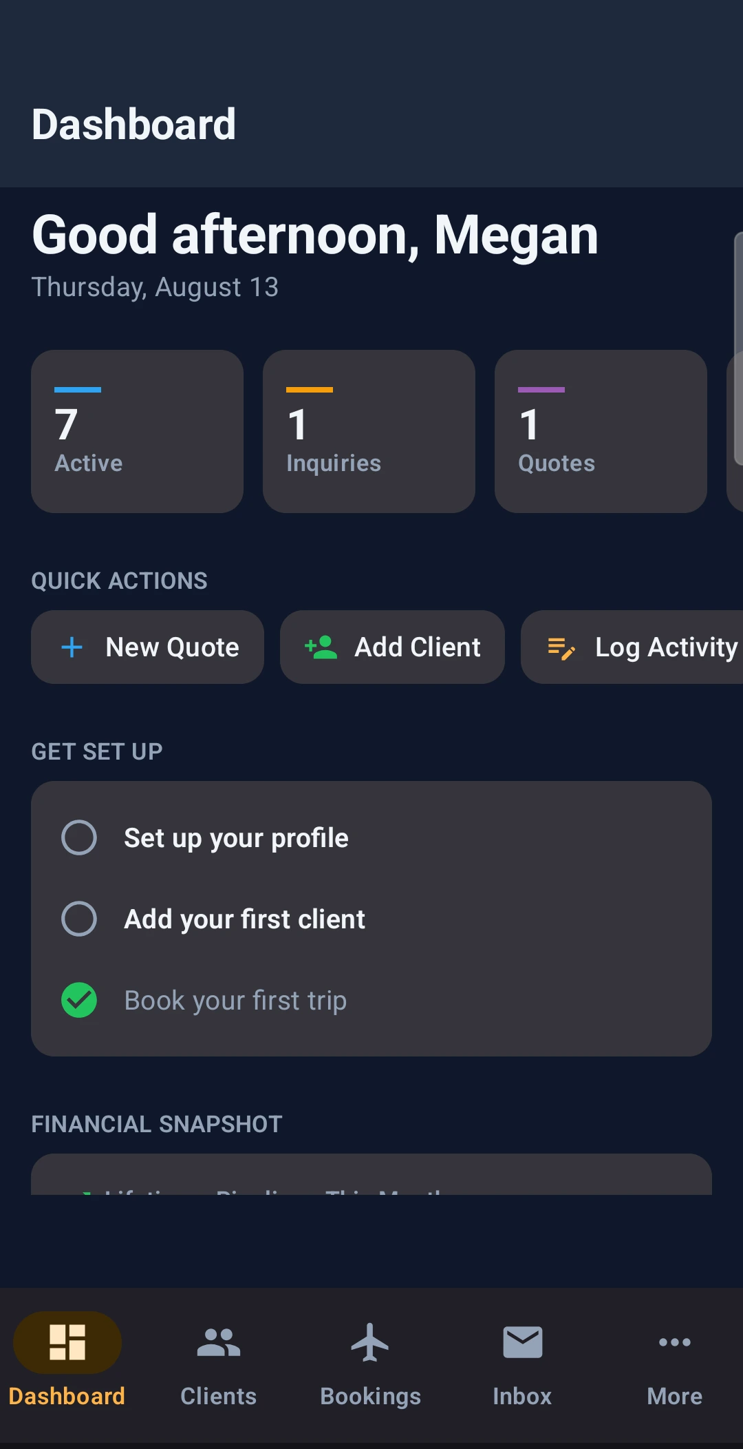 Pixie Dust CRM agent app dashboard on a phone