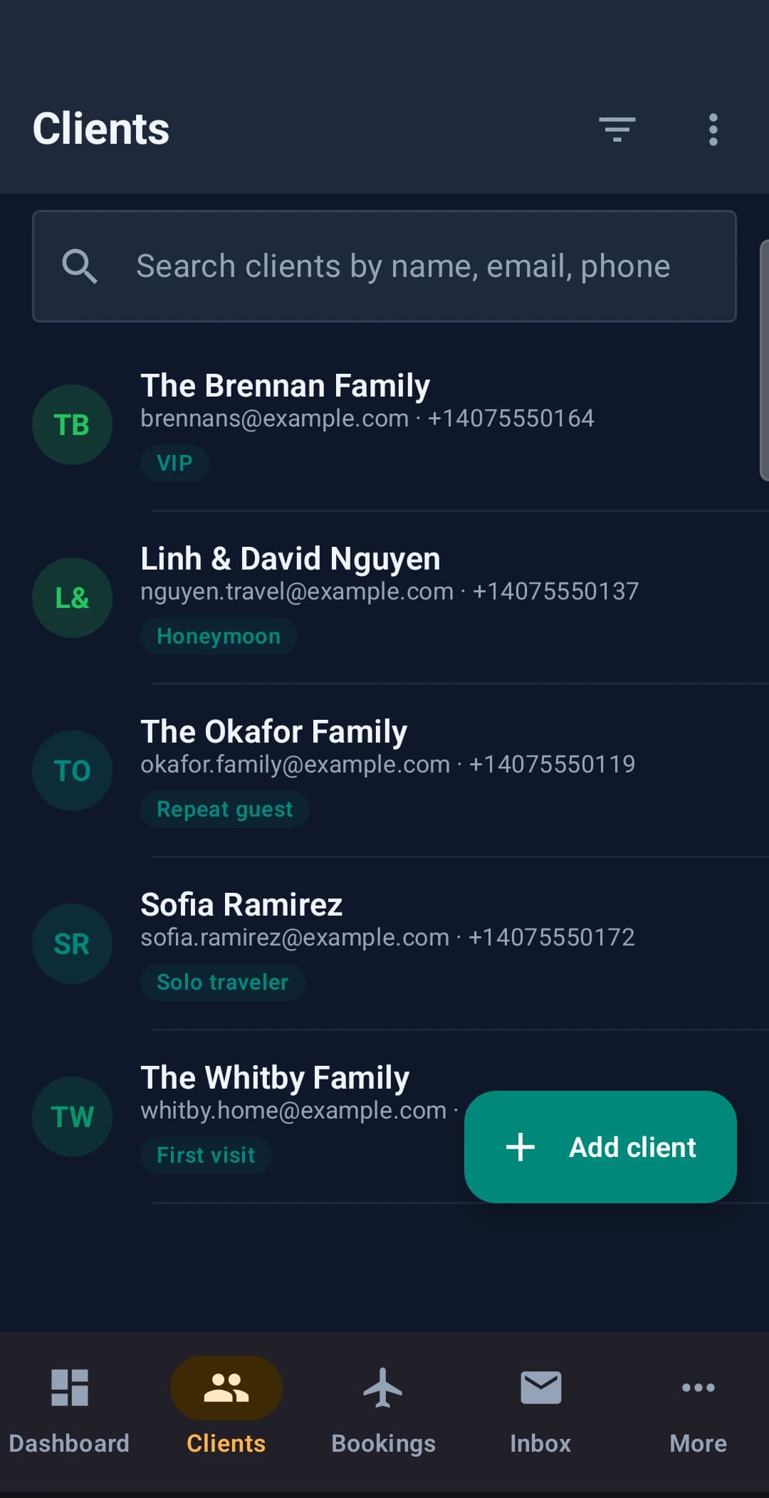 Pixie Dust CRM agent app client list showing families tagged VIP, honeymoon, repeat guest and first visit, searchable by name, email or phone