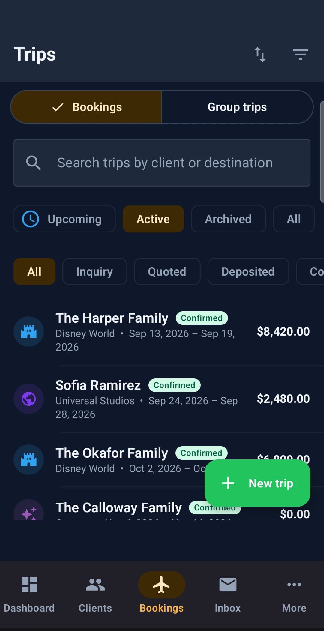 Pixie Dust CRM agent app trips list showing Disney World and Universal Studios bookings with confirmed status and trip values
