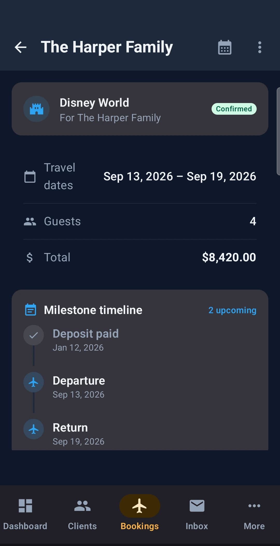 Pixie Dust CRM agent app booking detail showing Disney World confirmed, travel dates, guest count, trip total and a milestone timeline for deposit, departure and return