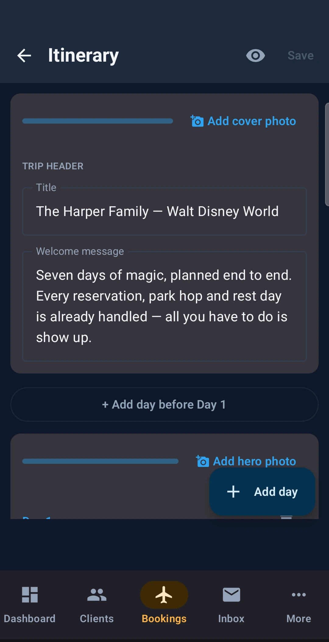 Pixie Dust CRM agent app itinerary builder showing the trip's days being assembled