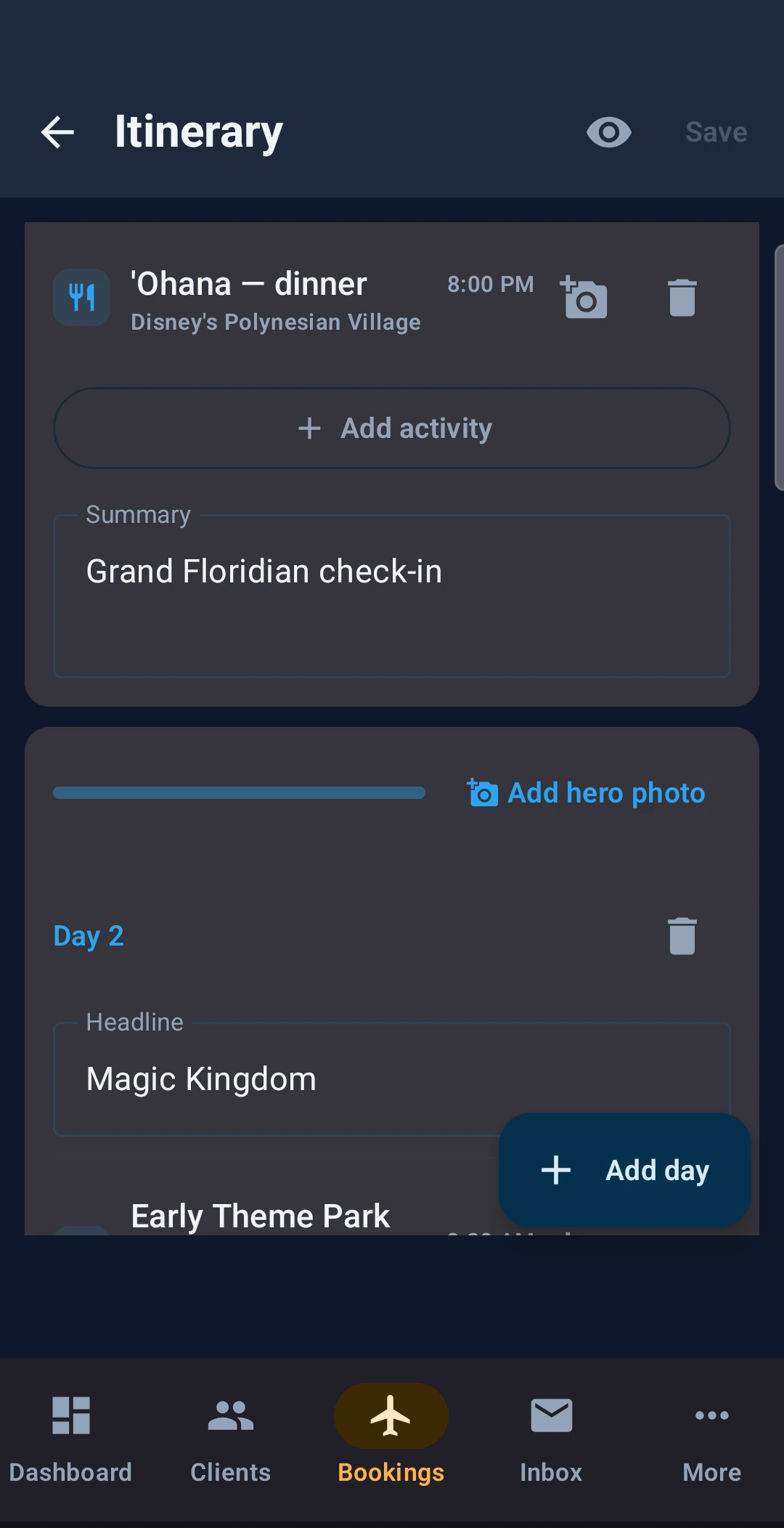 Pixie Dust CRM agent app itinerary builder editing day two, with an 'Ohana dinner activity at 8:00 PM and a Magic Kingdom headline