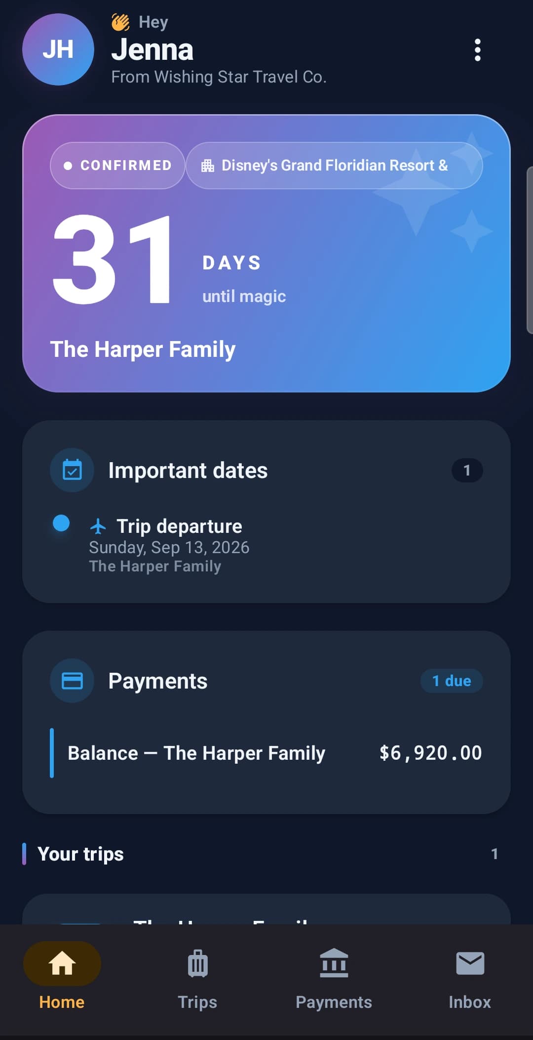 Pixie Dust CRM client trip app countdown on a phone