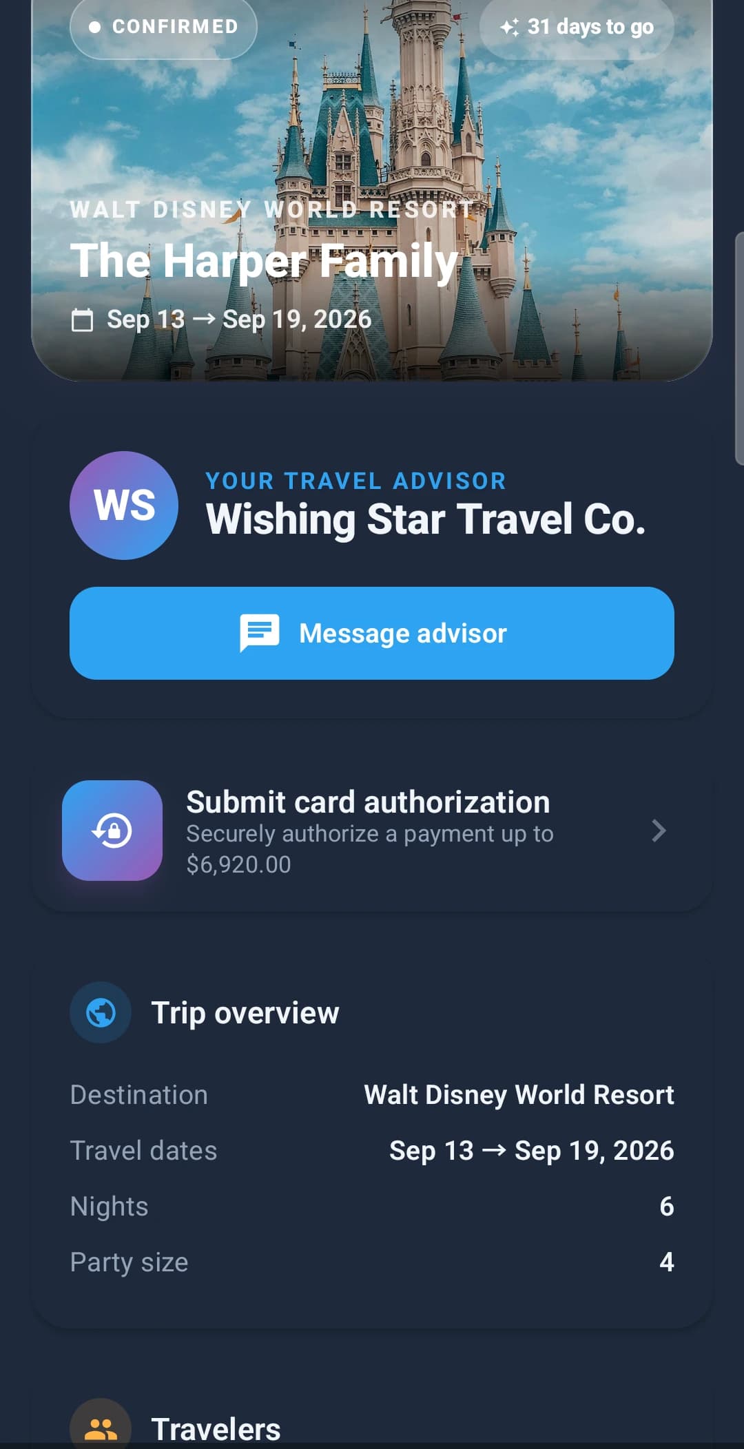 Pixie Dust CRM client trip app trip detail screen showing the trip hero, advisor contact card and trip overview
