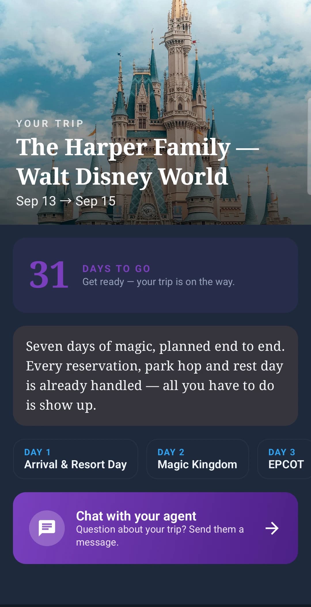 Pixie Dust CRM client trip app itinerary overview with a Cinderella Castle hero, a 31 days to go counter and day cards