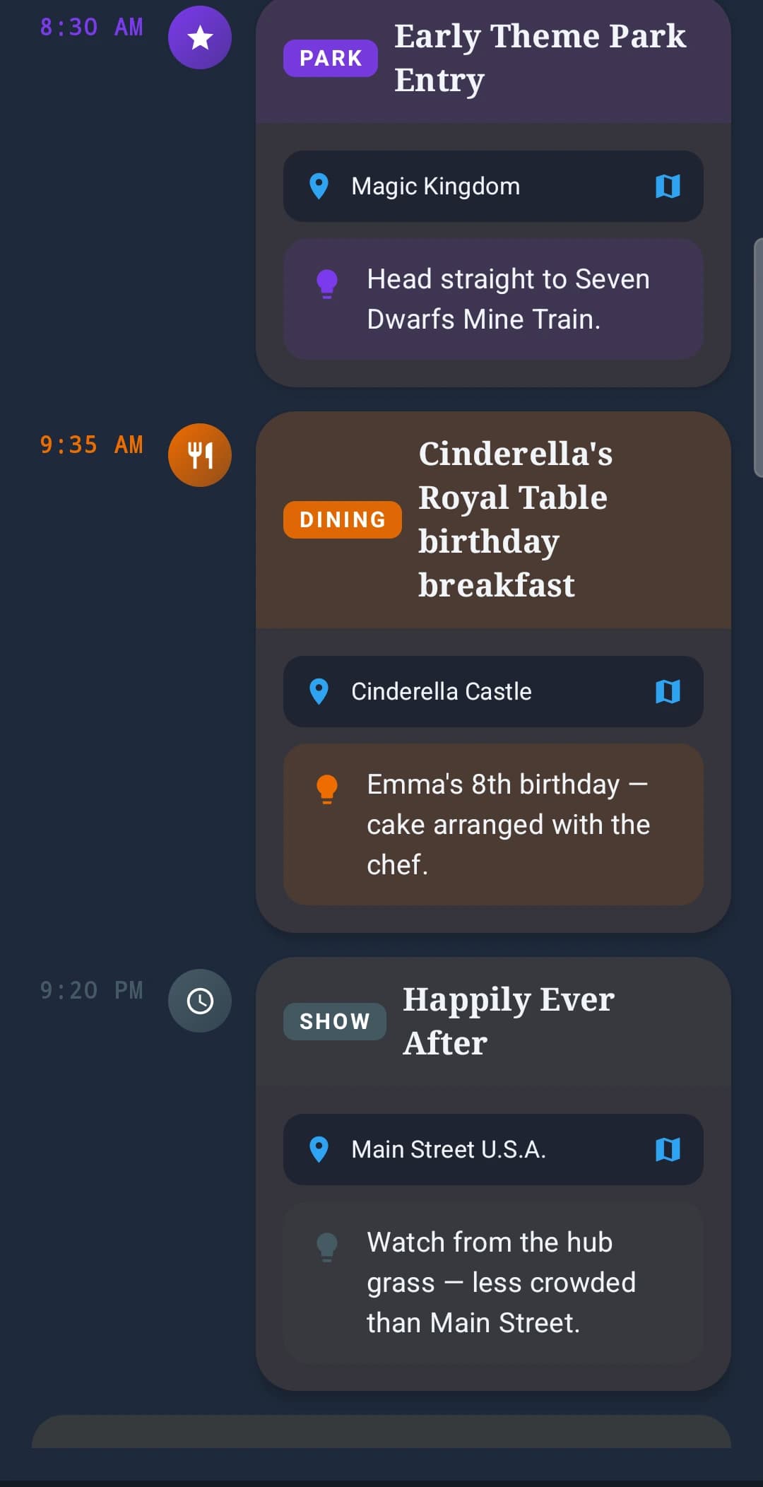 Pixie Dust CRM client trip app day timeline showing 8:30 AM early theme park entry at Magic Kingdom, a 9:35 AM Cinderella's Royal Table birthday breakfast and 9:20 PM Happily Ever After, each with a location and an advisor tip