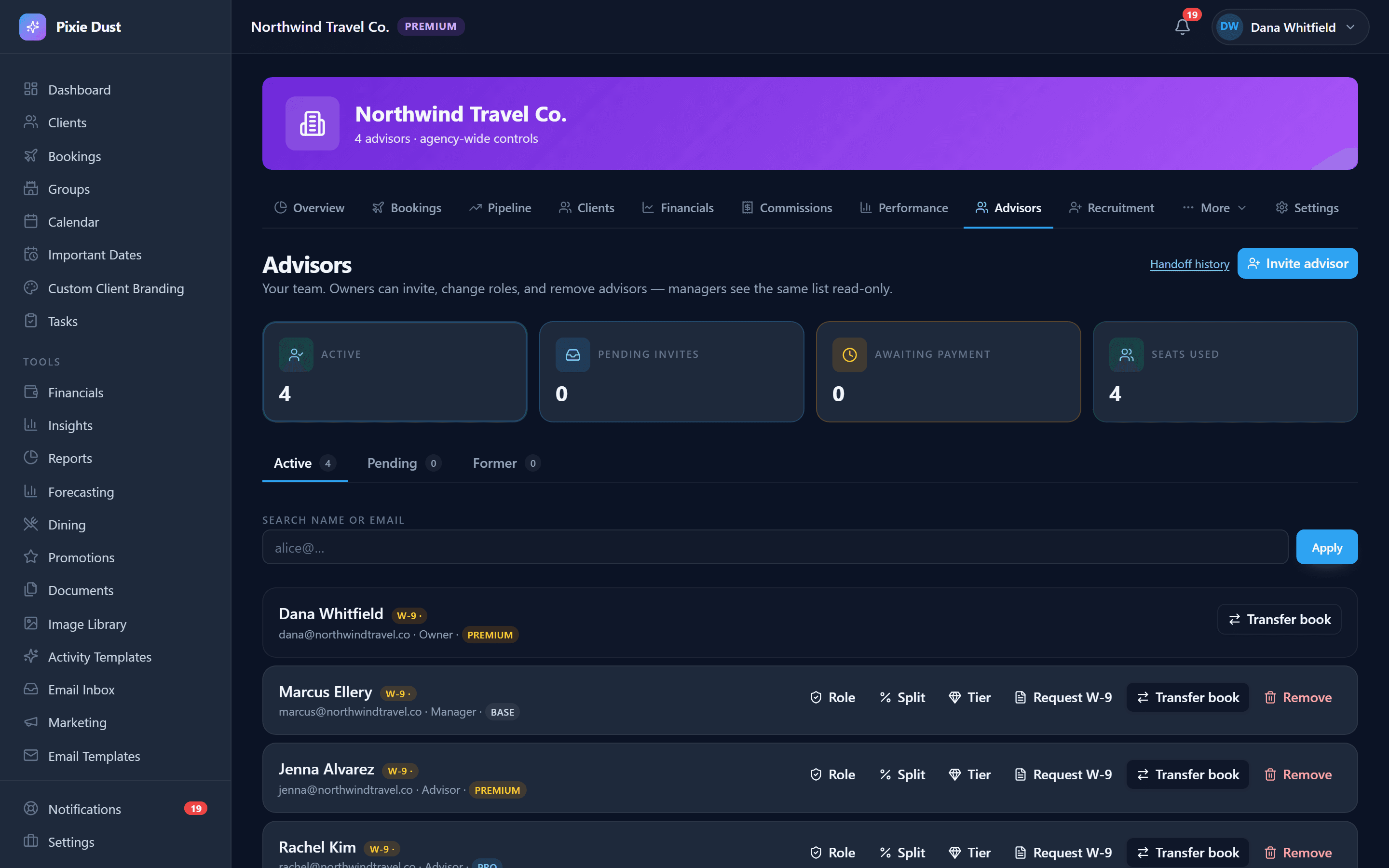 The agency advisor roster showing four active advisors on mixed seat tiers — the owner on Premium, a manager on Base, advisors on Premium and Pro — each with controls for role, commission split, tier, W-9 request, book transfer and removal