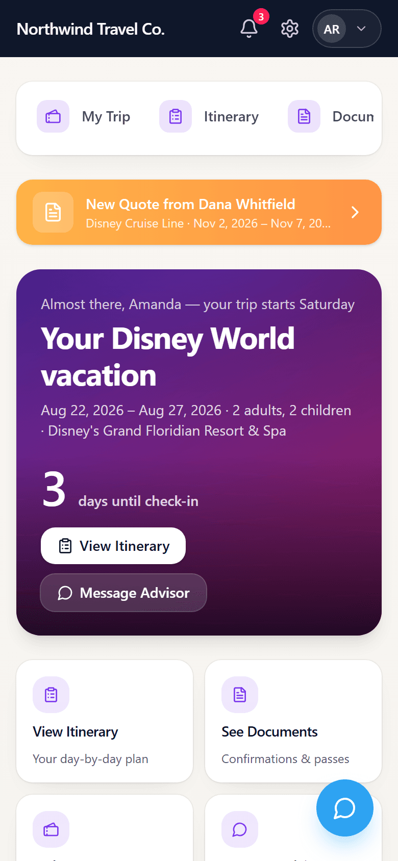 The client trip app on a phone, branded Northwind Travel Co., showing a new quote banner from the advisor and a trip hero reading almost there Amanda with three days until check-in for a Disney World stay at the Grand Floridian, plus View Itinerary and Message Advisor actions