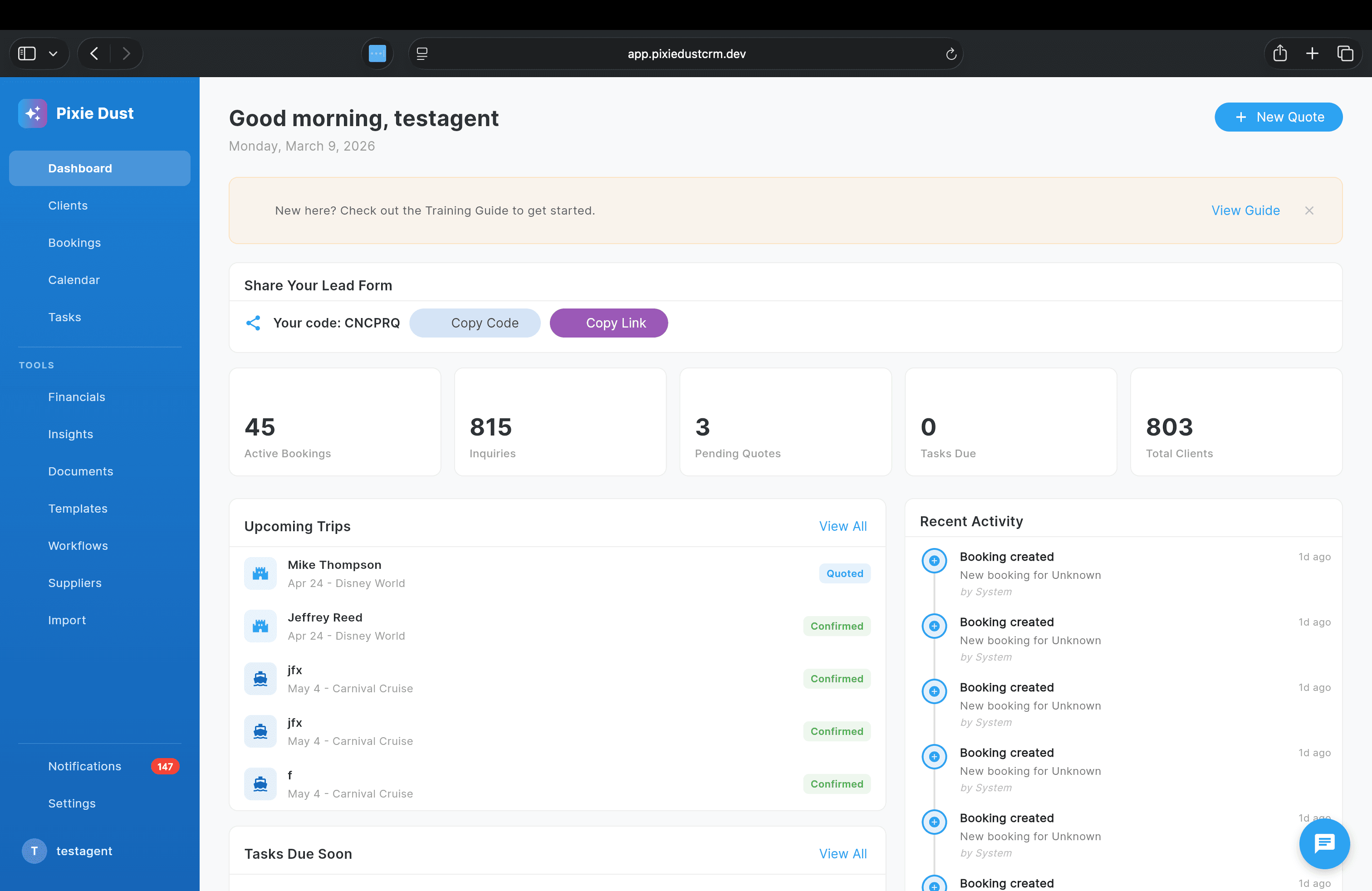 Pixie Dust CRM dashboard showing client management, upcoming trips, and financial overview