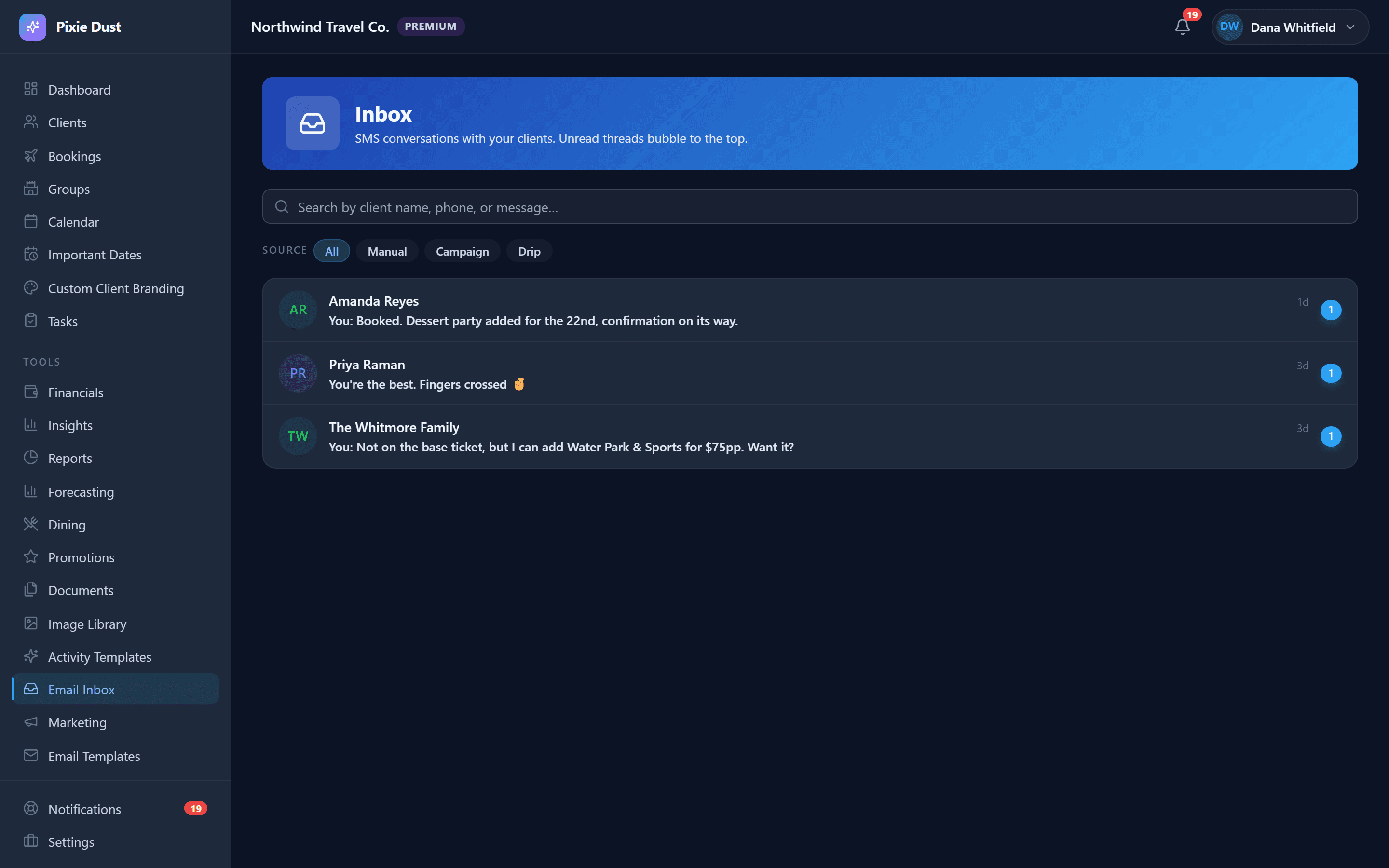 An SMS inbox with three client conversations — Amanda Reyes, Priya Raman and the Whitmore Family — each showing the last message, an unread badge and how long ago it arrived, with filters for manual, campaign and drip messages