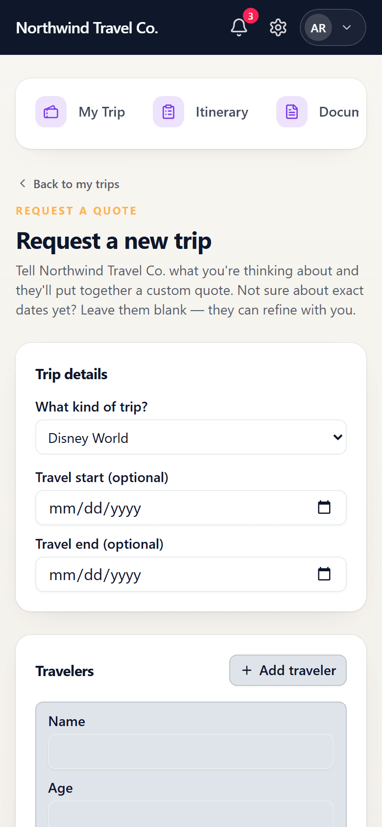 The client quote request form on a phone, asking what kind of trip with Disney World selected, optional travel start and end dates, and a Travelers block collecting a name and age for each person with an add traveler button