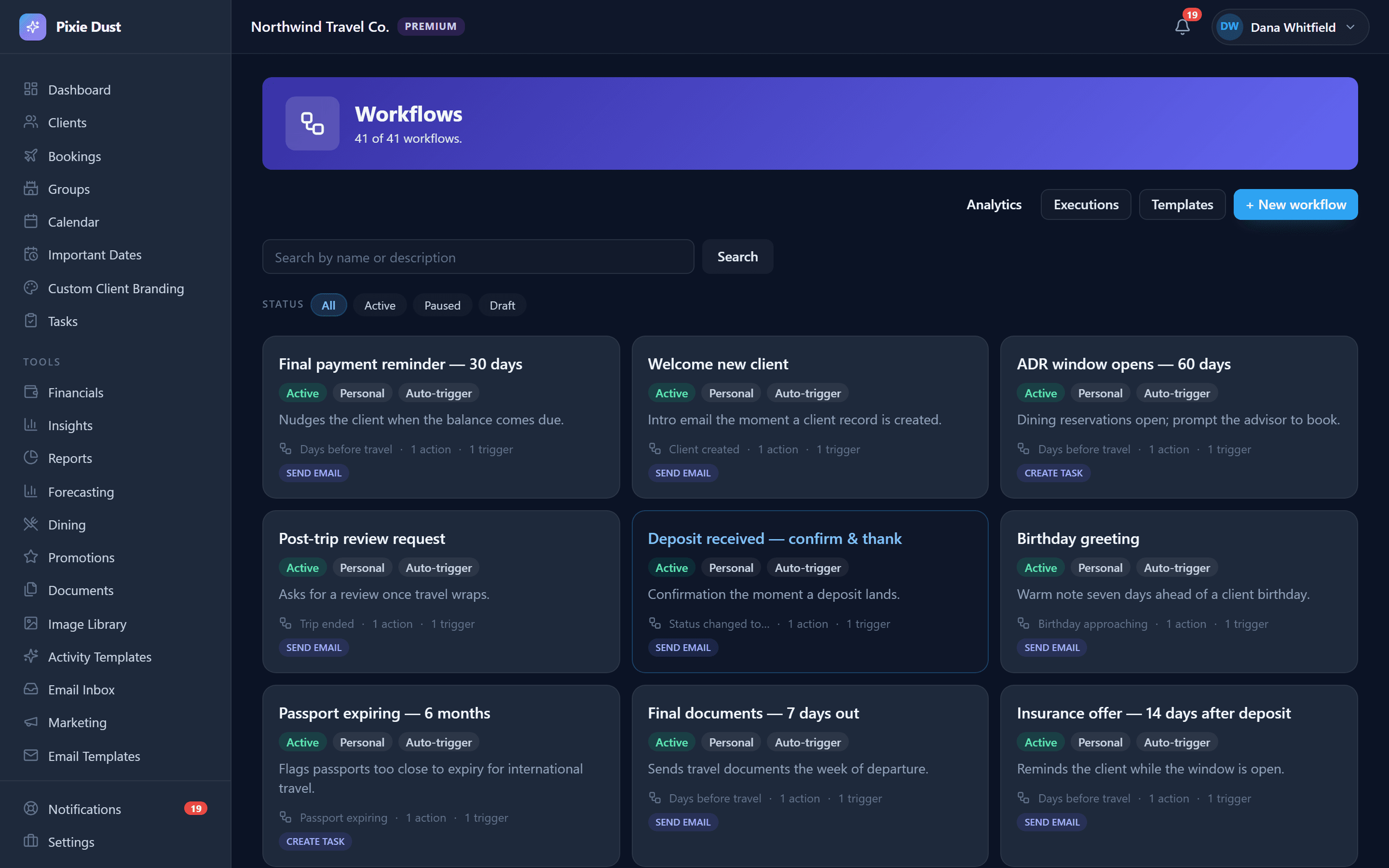 Forty-one automations in a grid, including Final payment reminder at 30 days, ADR window opens at 60 days, Post-trip review request, Passport expiring at 6 months and Insurance offer 14 days after deposit — each showing its trigger, action count and status