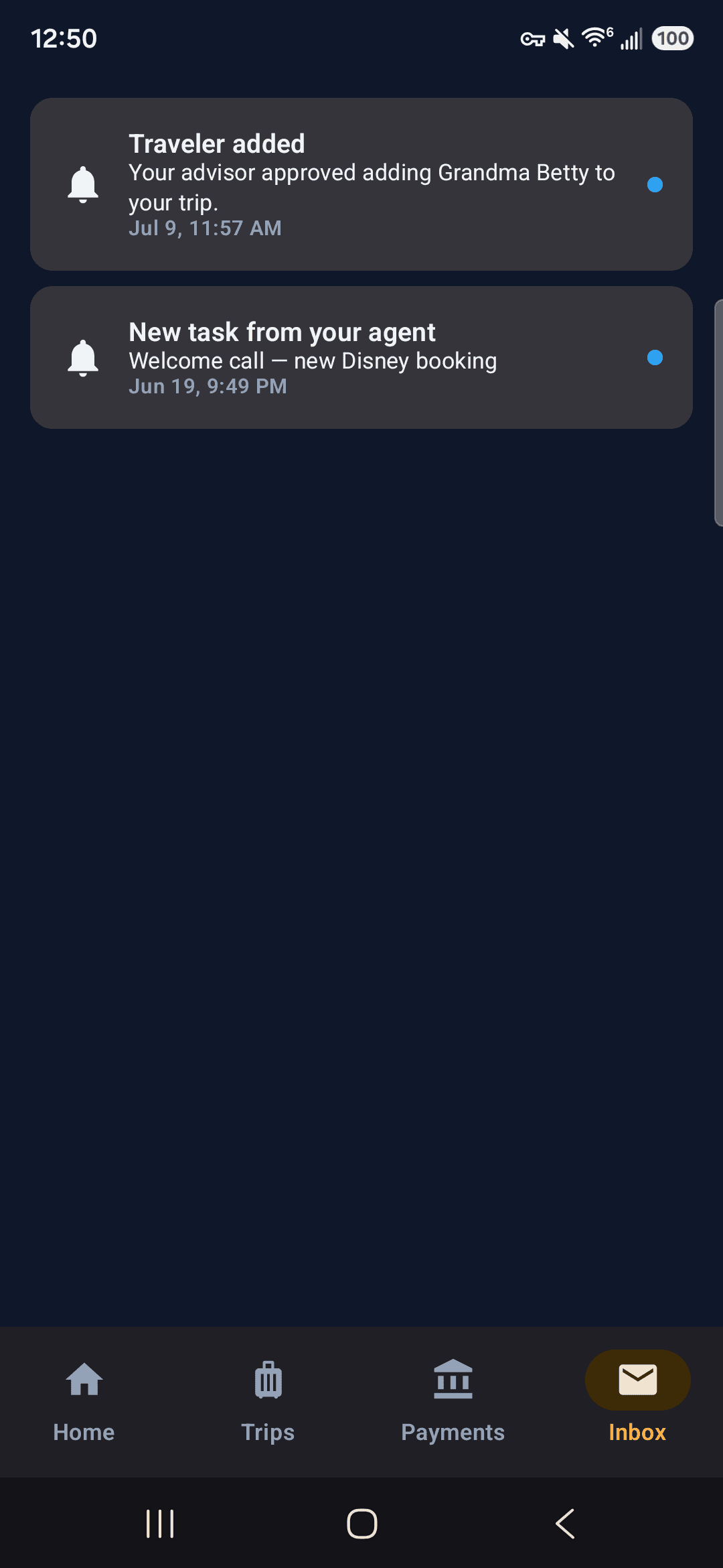 Pixie Dust CRM client app inbox screen showing traveler notifications from the travel advisor