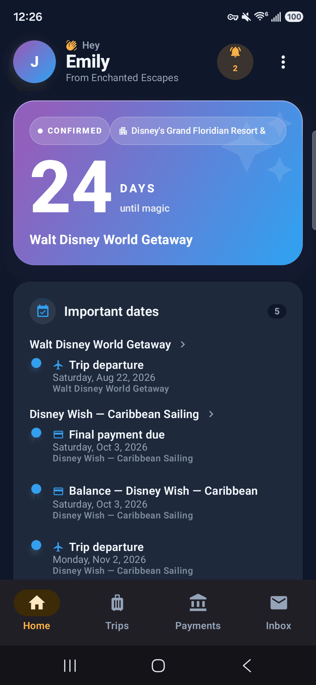 Pixie Dust CRM client app home screen showing a traveler greeting, trip countdown, and important travel dates
