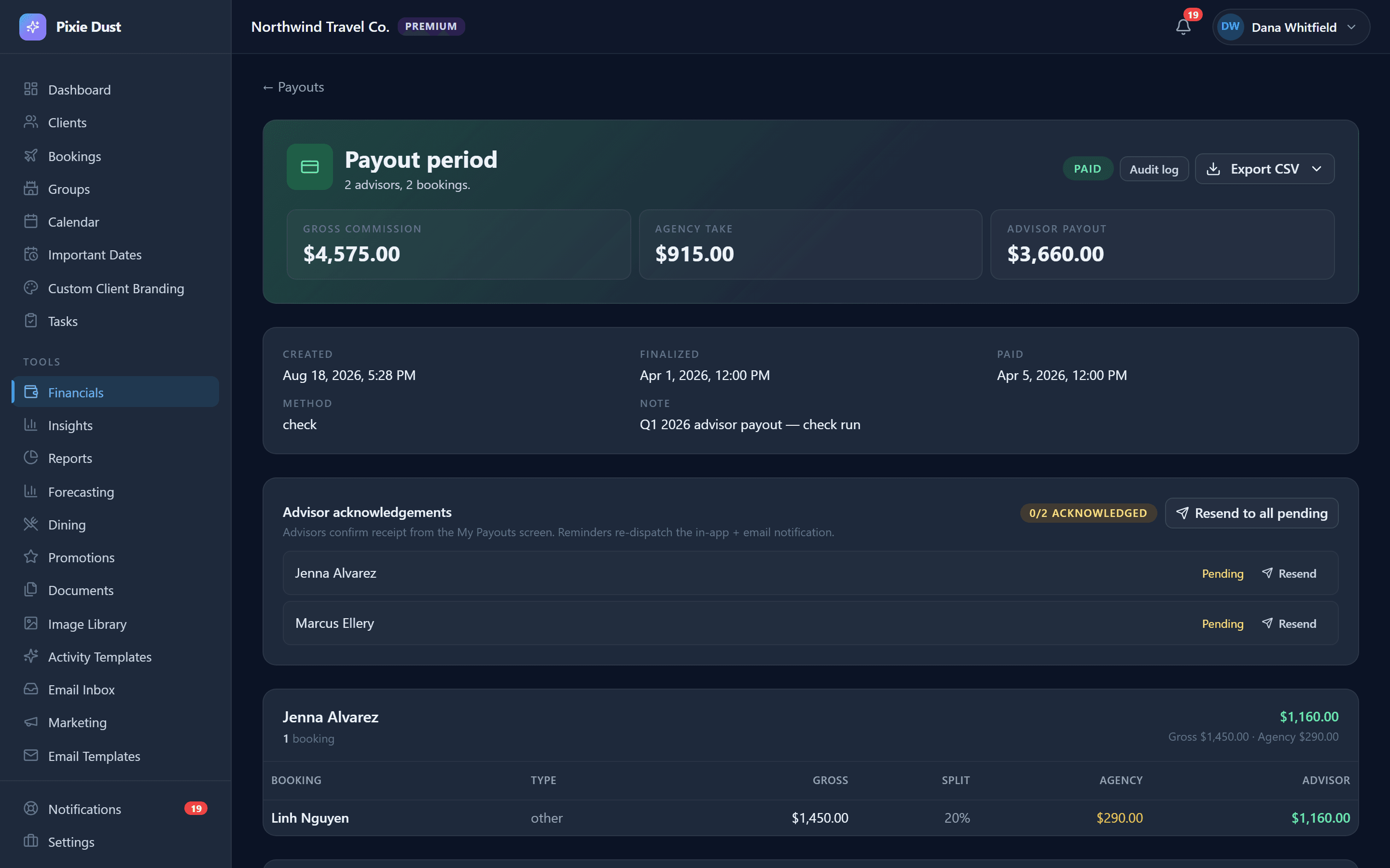 A paid Q1 payout period showing $4,575 gross commission split into a $915 agency take and $3,660 advisor payout, with per-advisor breakdowns by booking and split percentage, and acknowledgement tracking per advisor