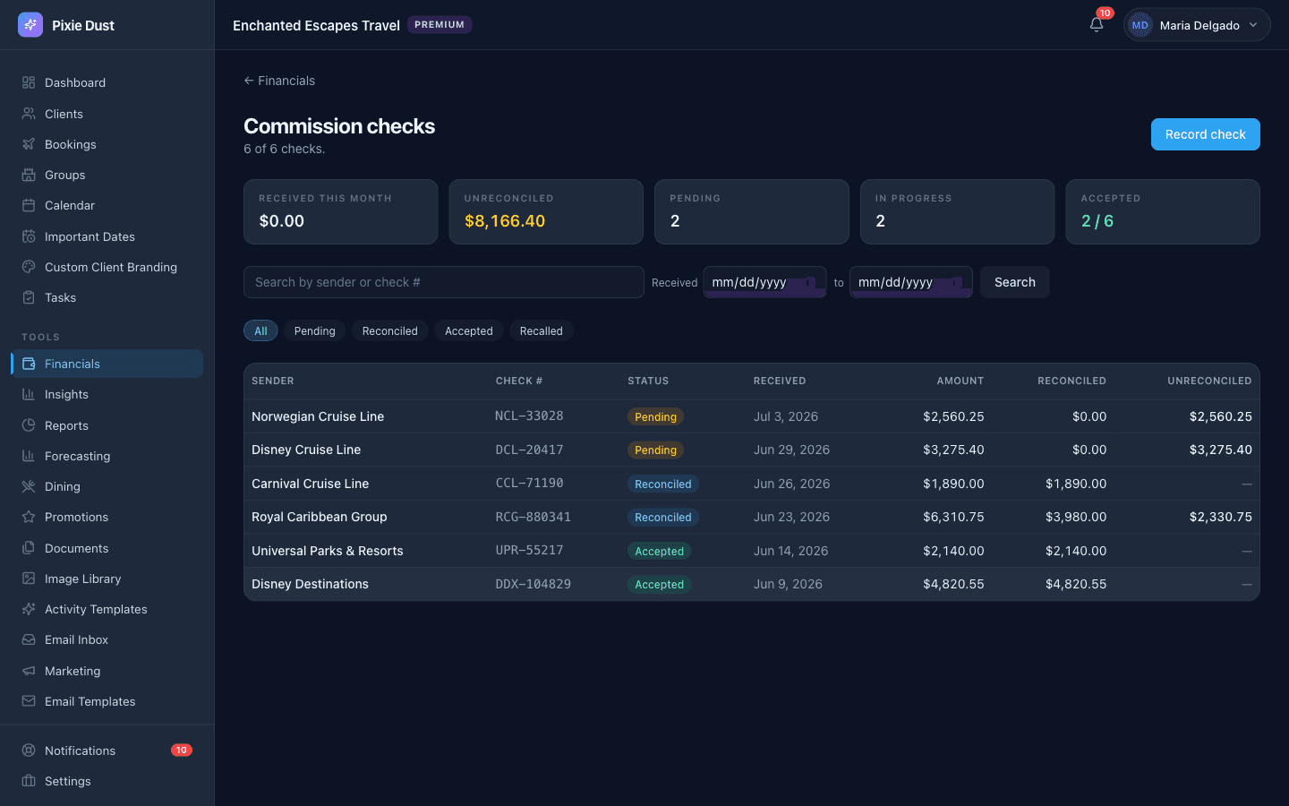 Commission reconciliation screen listing supplier checks from Disney, Universal, Royal Caribbean, Carnival and Norwegian with status, amount, reconciled, and unreconciled columns