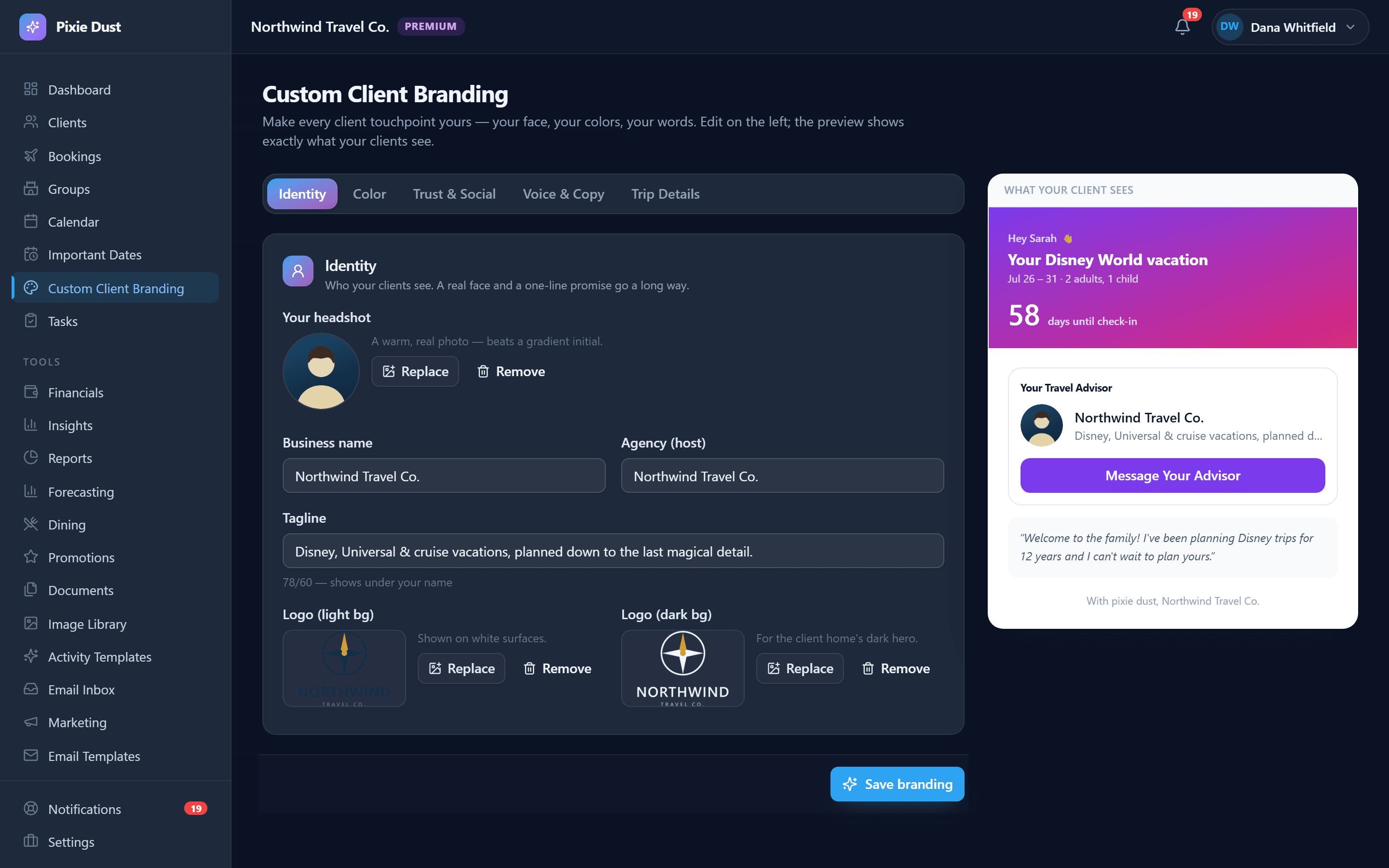 The client branding editor with headshot, business name, tagline and light and dark logo slots on the left, beside a live preview of what the client sees — a branded trip hero with a countdown and a Message Your Advisor button