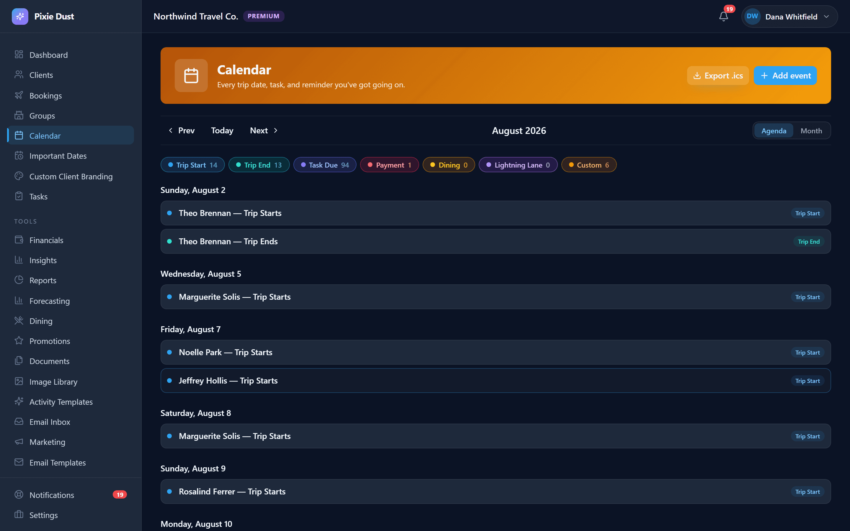 An agenda-view calendar for August 2026 listing trip starts and ends by day, with filter chips counting trip starts, trip ends, tasks due, payments, dining and Lightning Lane events, and an export to .ics action