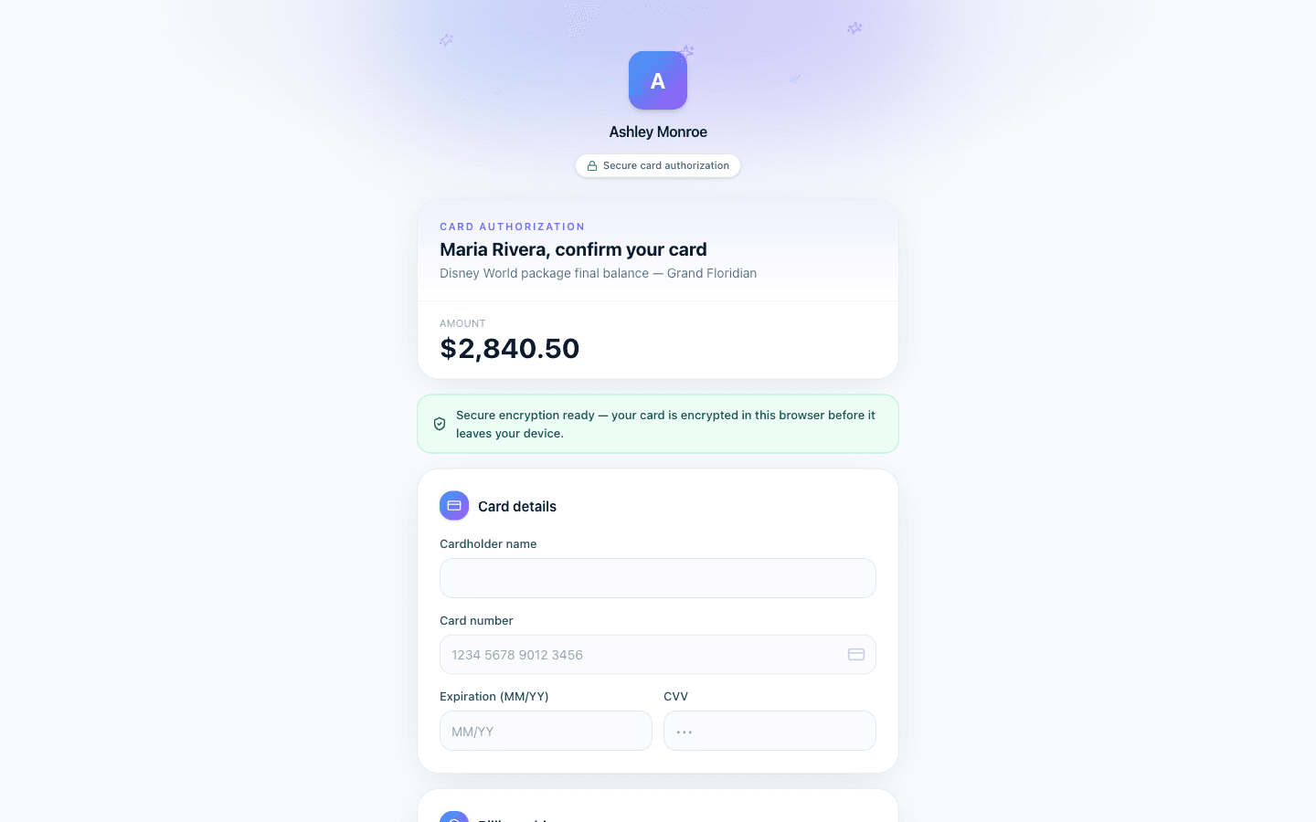 Pixie Dust CRM request card authorization dialog with amount, description, an authorize-up-to option, and send-via-SMS option