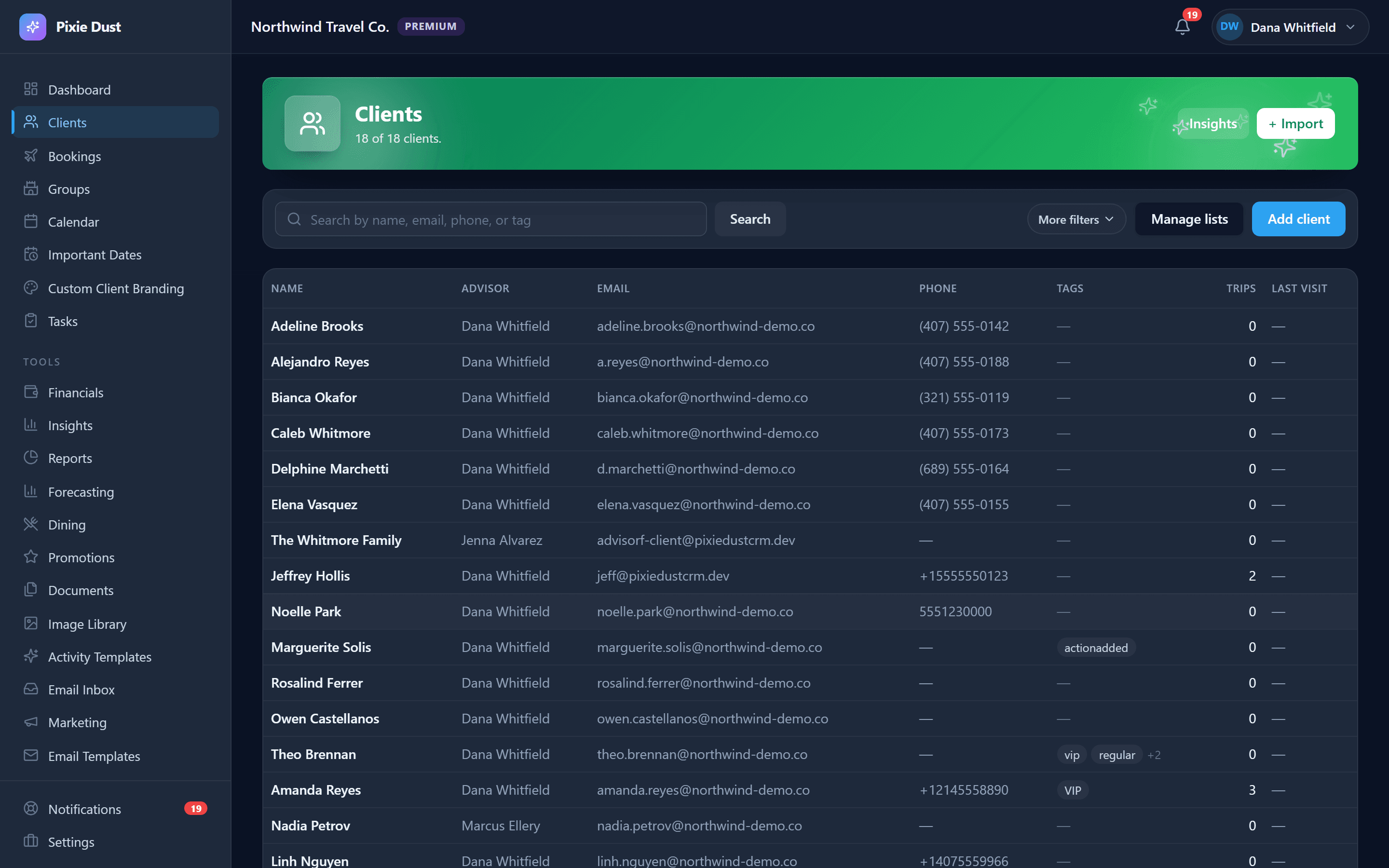 A client list of eighteen records with the advisor who owns each, email, phone, tags including VIP, trip count and last visit, above search and list-management controls
