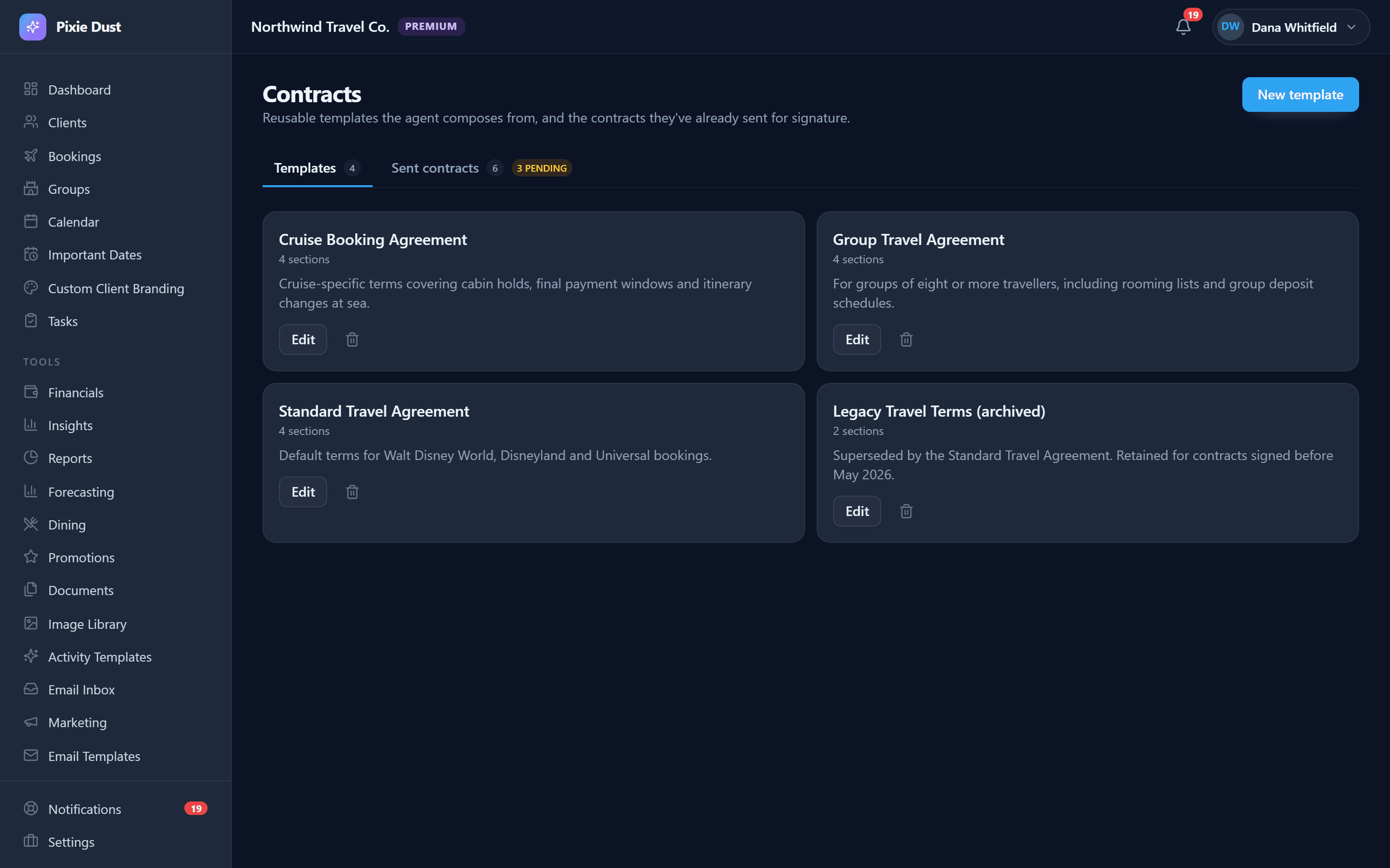 Four reusable contract templates — a standard travel agreement for Disney and Universal bookings, a cruise-specific agreement covering cabin holds and payment windows, a group agreement for eight or more travellers, and an archived legacy set retained for older contracts