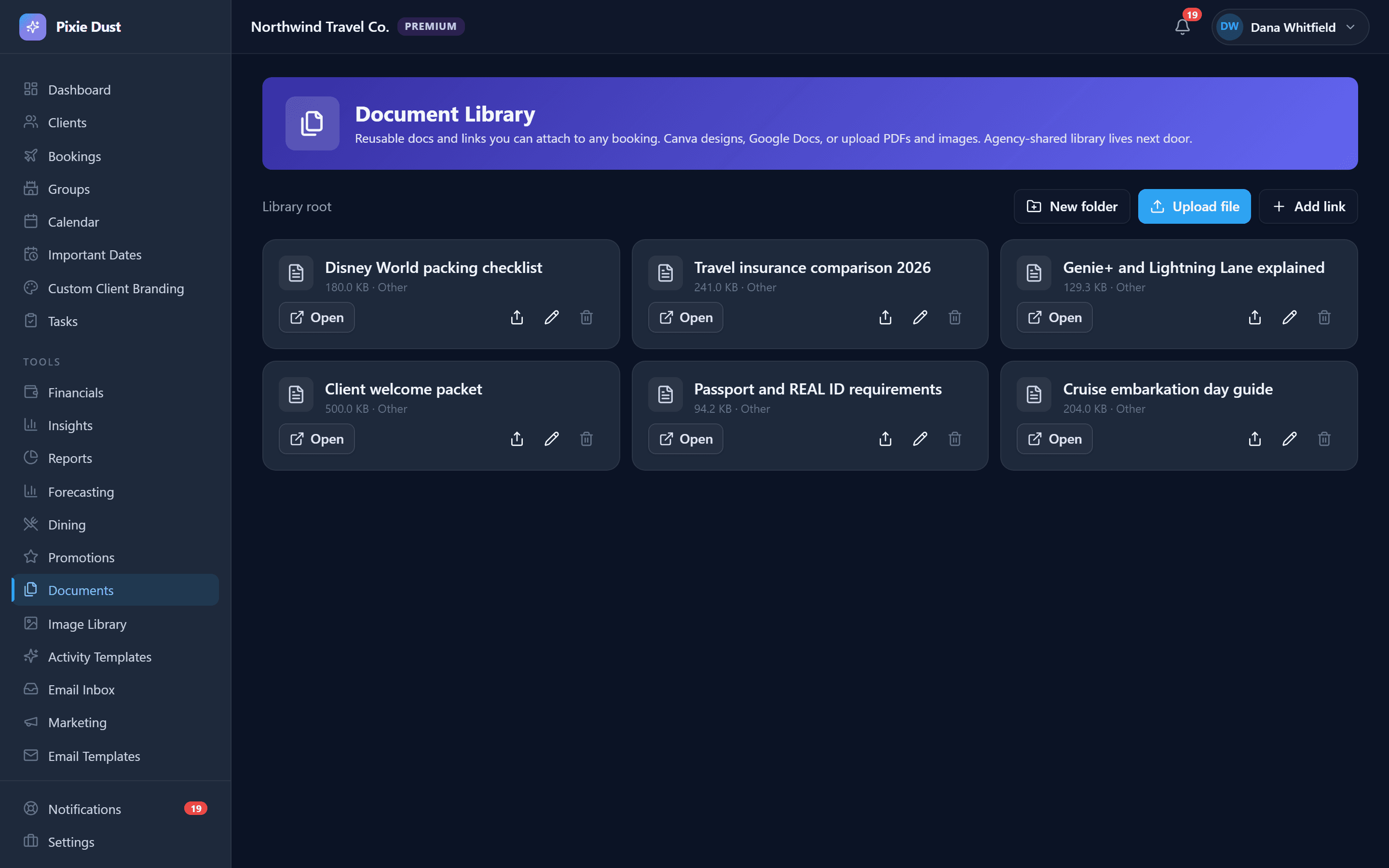 A document library of six reusable files — a Disney World packing checklist, travel insurance comparison, Genie+ and Lightning Lane guide, client welcome packet, passport and REAL ID requirements, and a cruise embarkation day guide