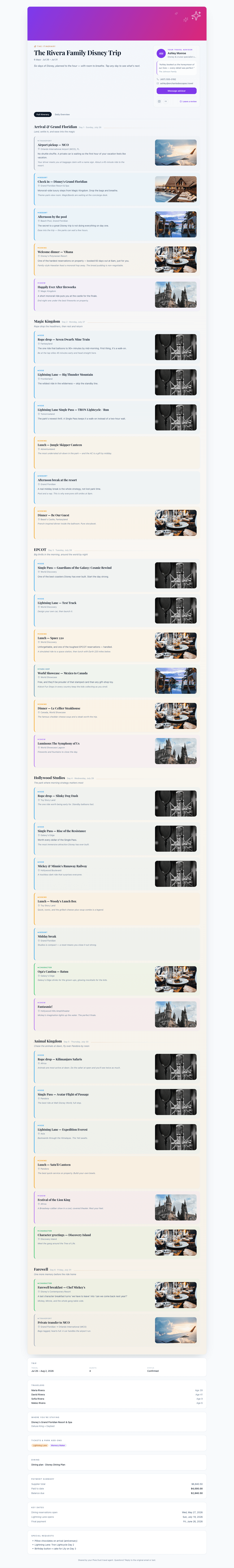 The full client itinerary top to bottom: six days of photo activity cards followed by travel party, dining plan, payment summary, and key dates