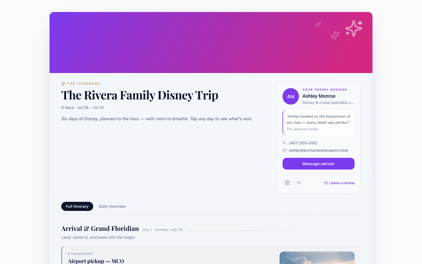 A real client trip itinerary in Pixie Dust: gradient cover, 'Your Trip Itinerary' heading, a Message Advisor card, and Day 1 activity cards with photos