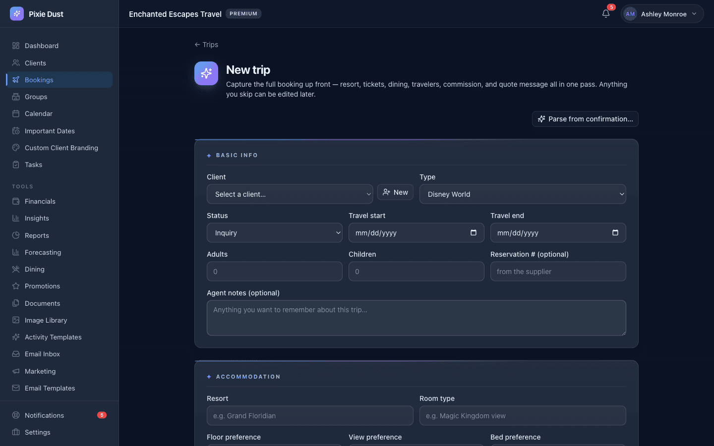 Pixie Dust CRM new trip form with client, booking type, travel dates, travelers, and accommodation fields