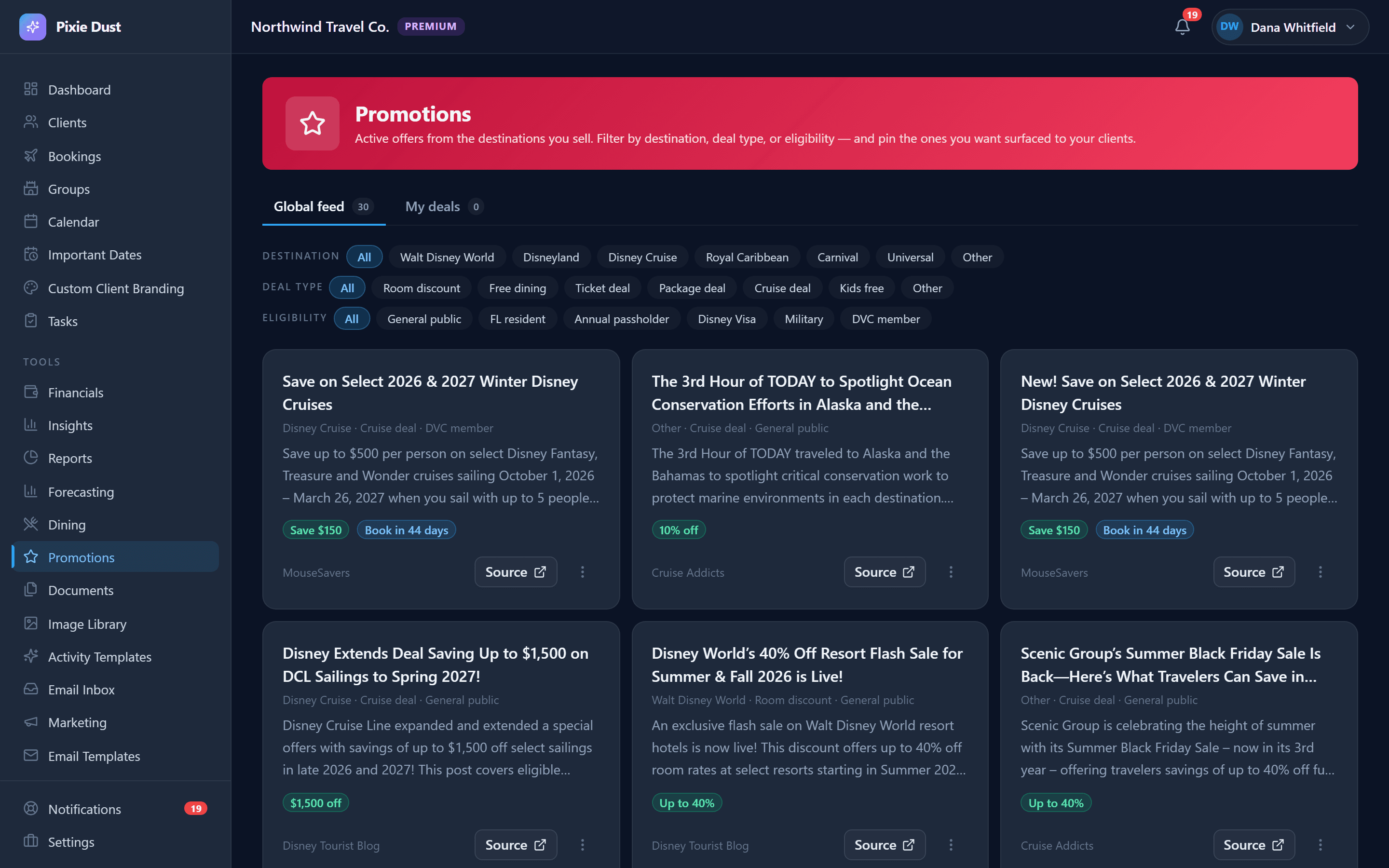 A promotions feed of thirty active offers filtered by destination, deal type and eligibility — including winter Disney cruise savings, a Walt Disney World 40% resort flash sale and a Disney Cruise Line offer up to $1,500 off — each tagged with its saving and source