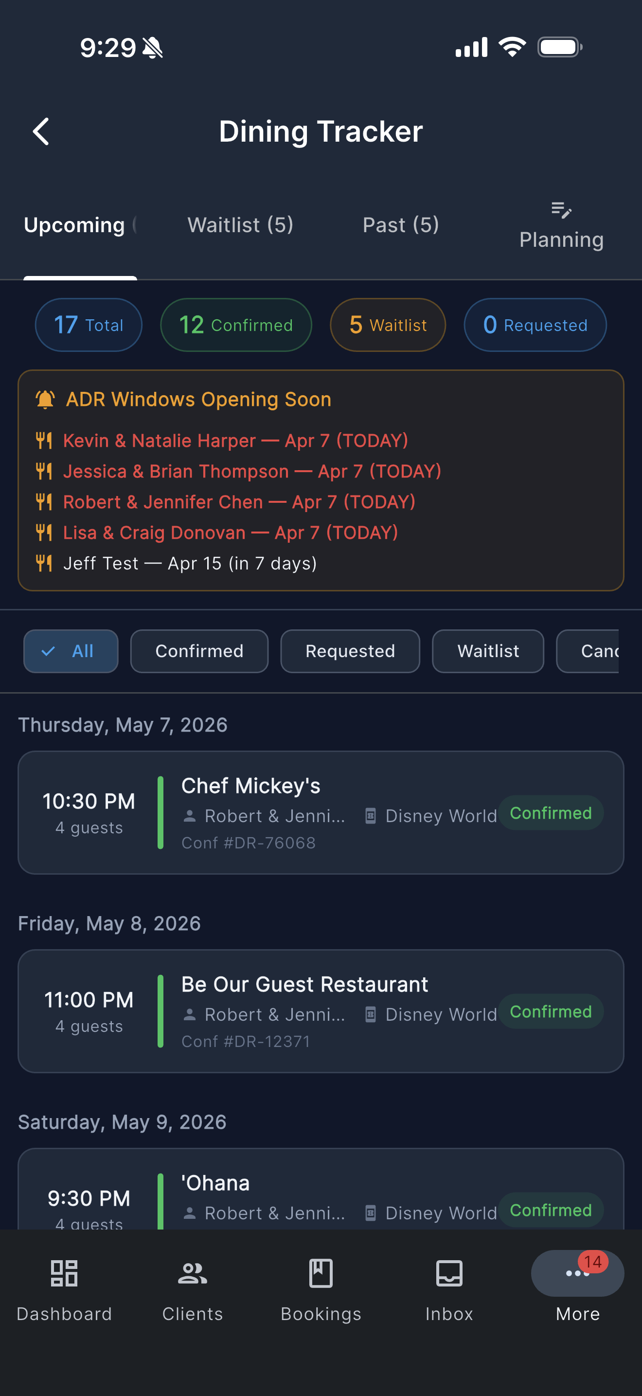 Pixie Dust CRM dining tracker showing tiered restaurant priorities for ADR day planning