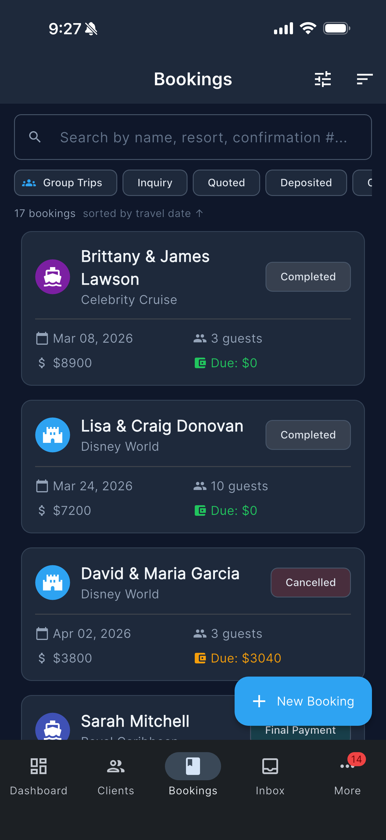 Booking management on Pixie Dust CRM mobile app
