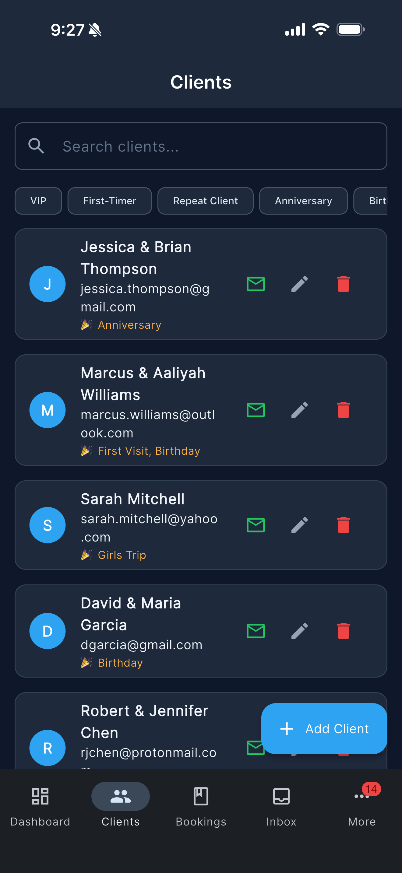 Client management on Pixie Dust CRM mobile app