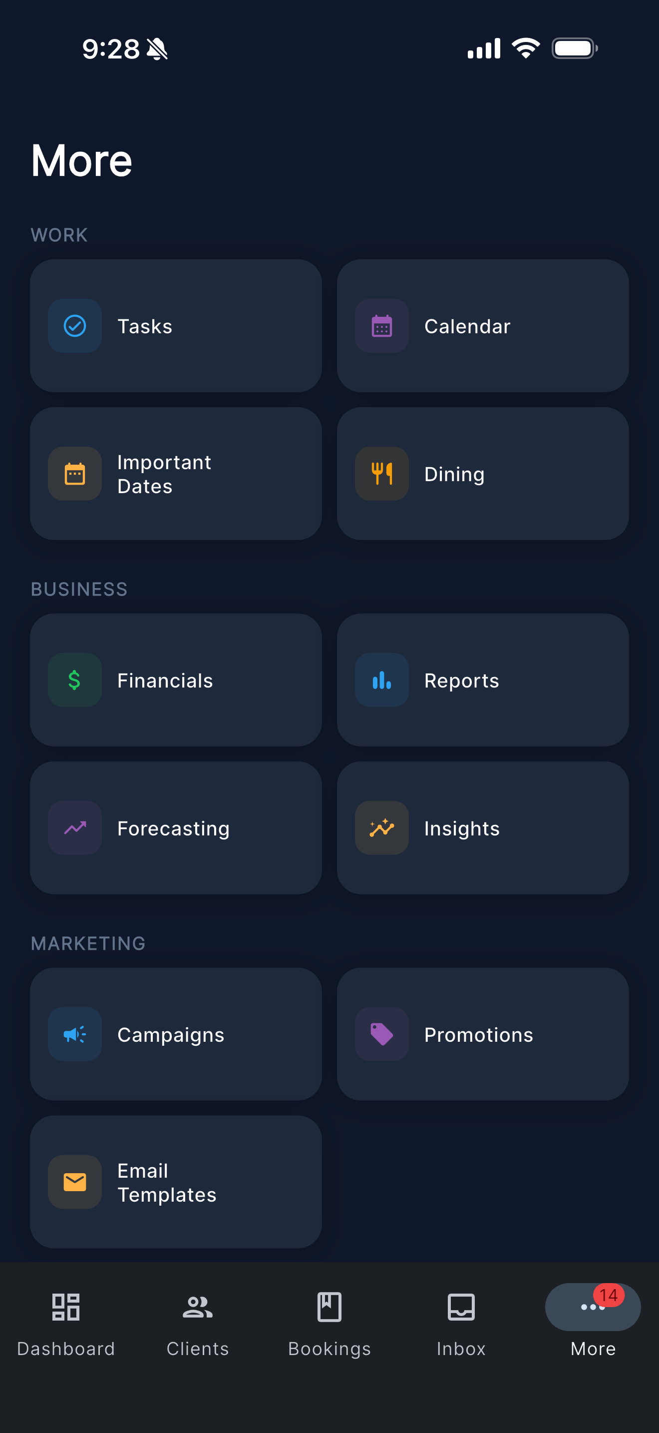 Full feature menu on Pixie Dust CRM mobile app