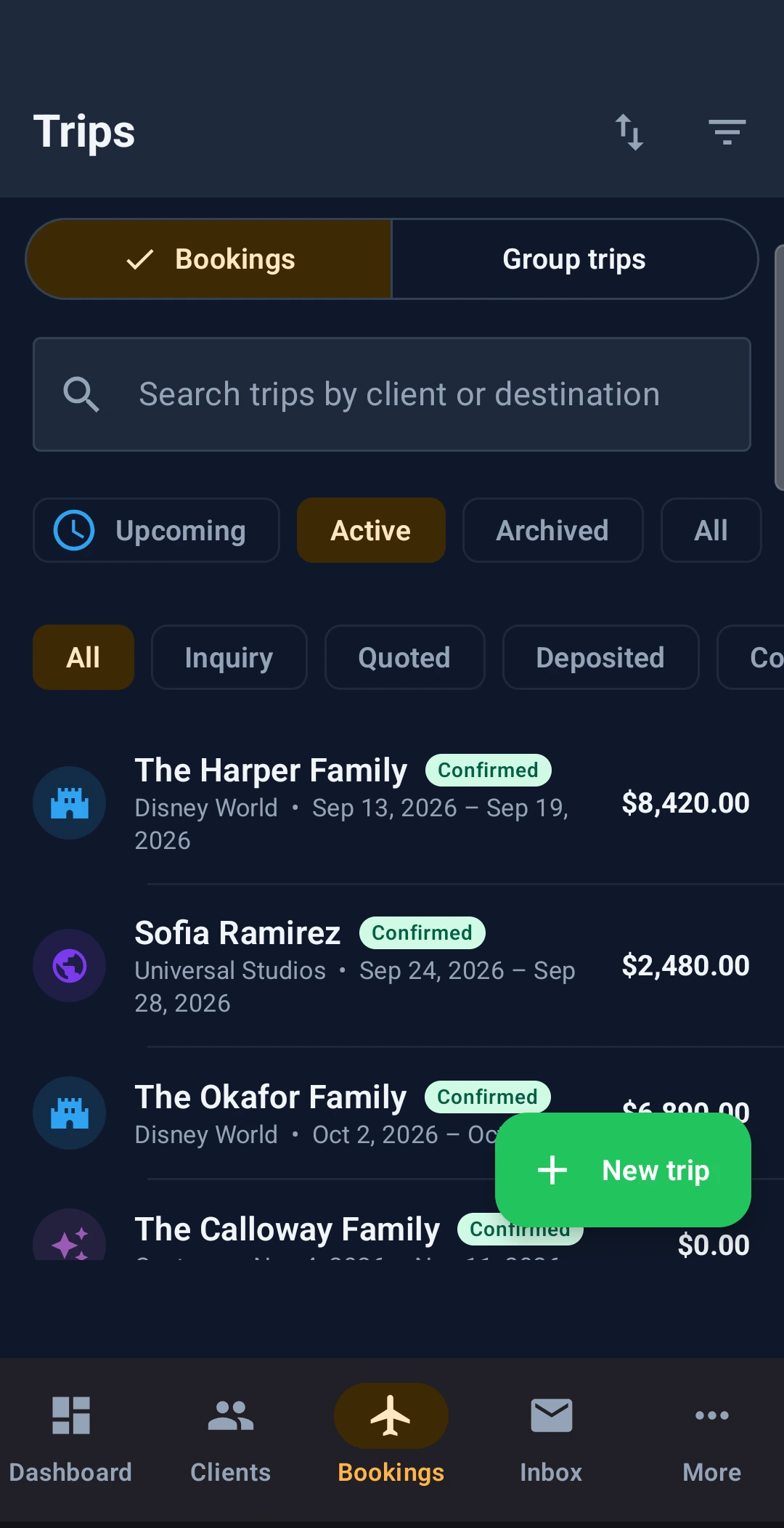 Pixie Dust CRM agent app trips list with Disney World and Universal bookings, statuses and trip values