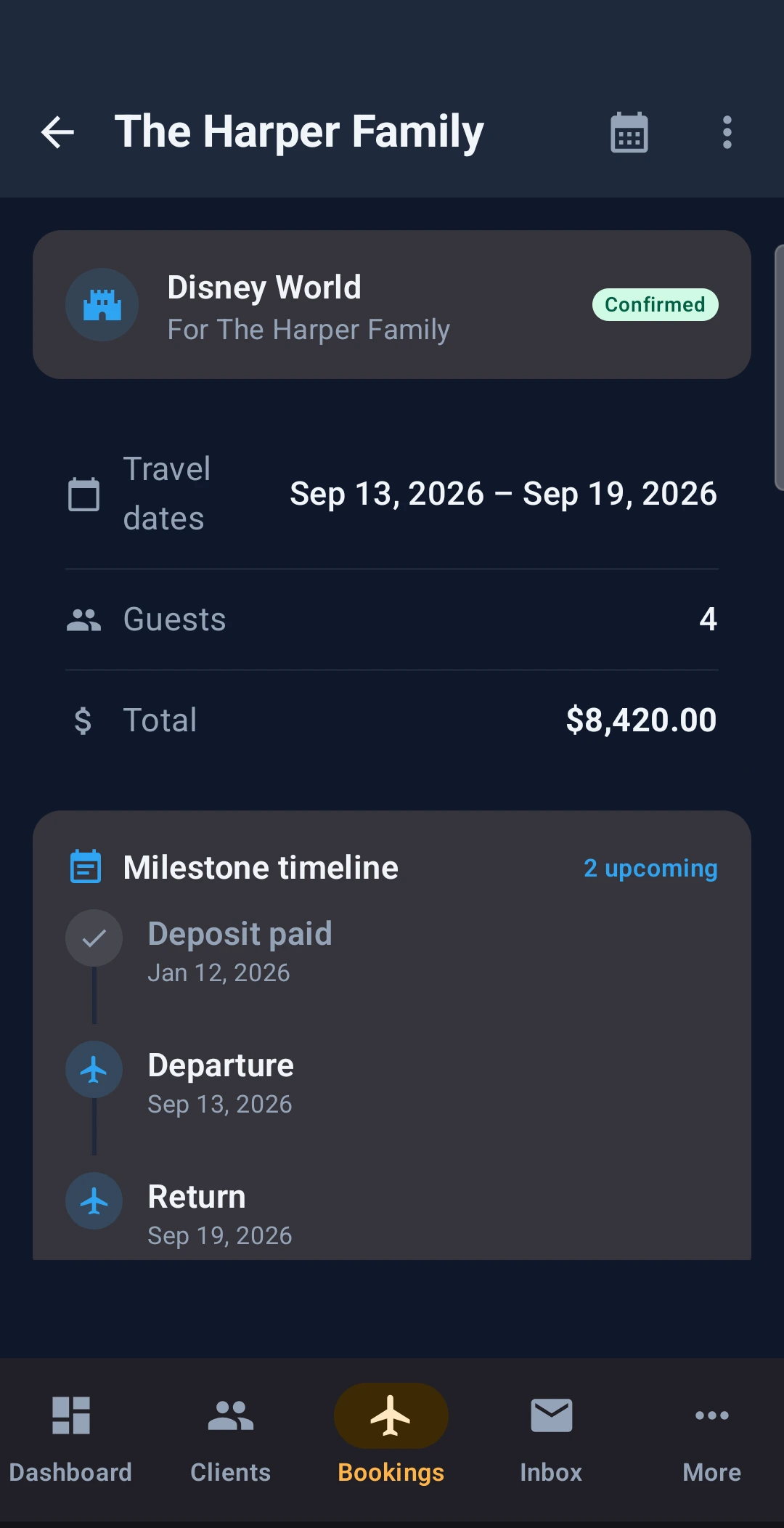 Pixie Dust CRM agent app booking detail showing travel dates, guests, trip total and a milestone timeline